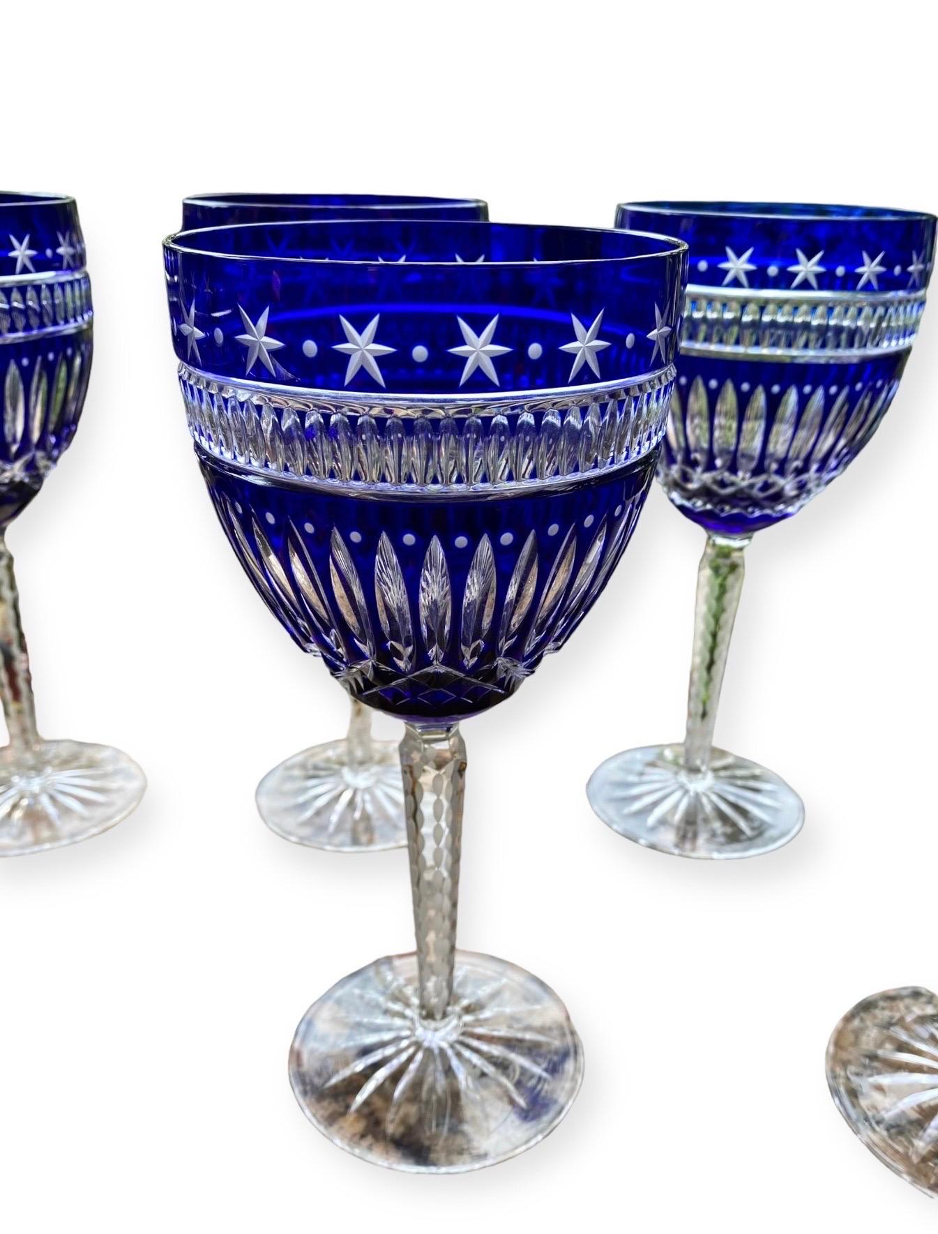 Six Ajka Serenity Star Cobalt Blue Cut To Clear Water Goblets Wine Glasses For Sale 9