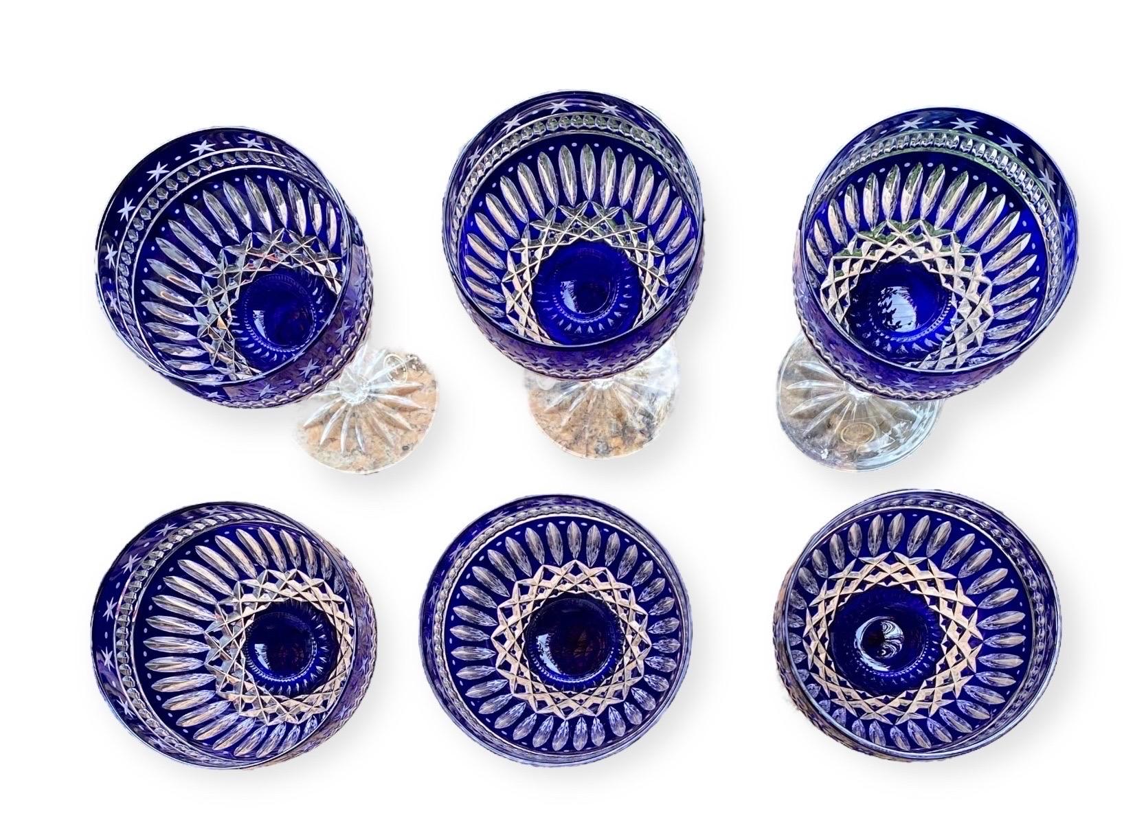 Set of six outstanding, large Ajka Serenity Star Language Of Jewels Cobalt Blue Cased Cut To Clear Crystal Wine Or Water Glasses. Large volume- holds 14 oz. each.

Ajka Crystal is a Hungarian crystal manufacturer that was founded in 1878 by Bernard