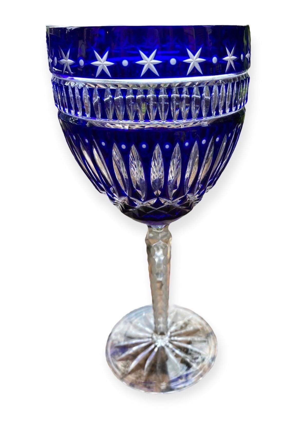 Six Ajka Serenity Star Cobalt Blue Cut To Clear Water Goblets Wine Glasses For Sale 11