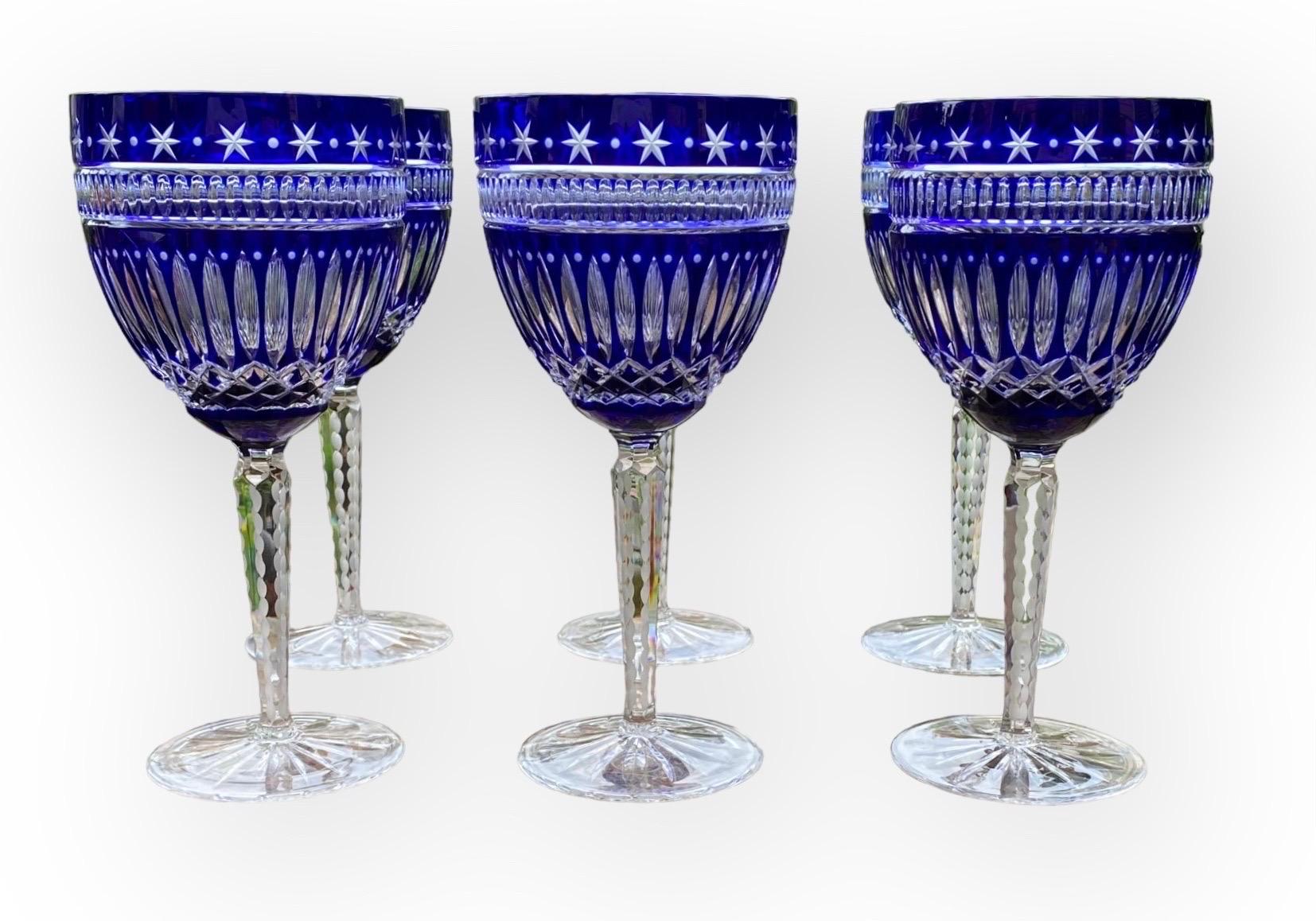 20th Century Six Ajka Serenity Star Cobalt Blue Cut To Clear Water Goblets Wine Glasses For Sale