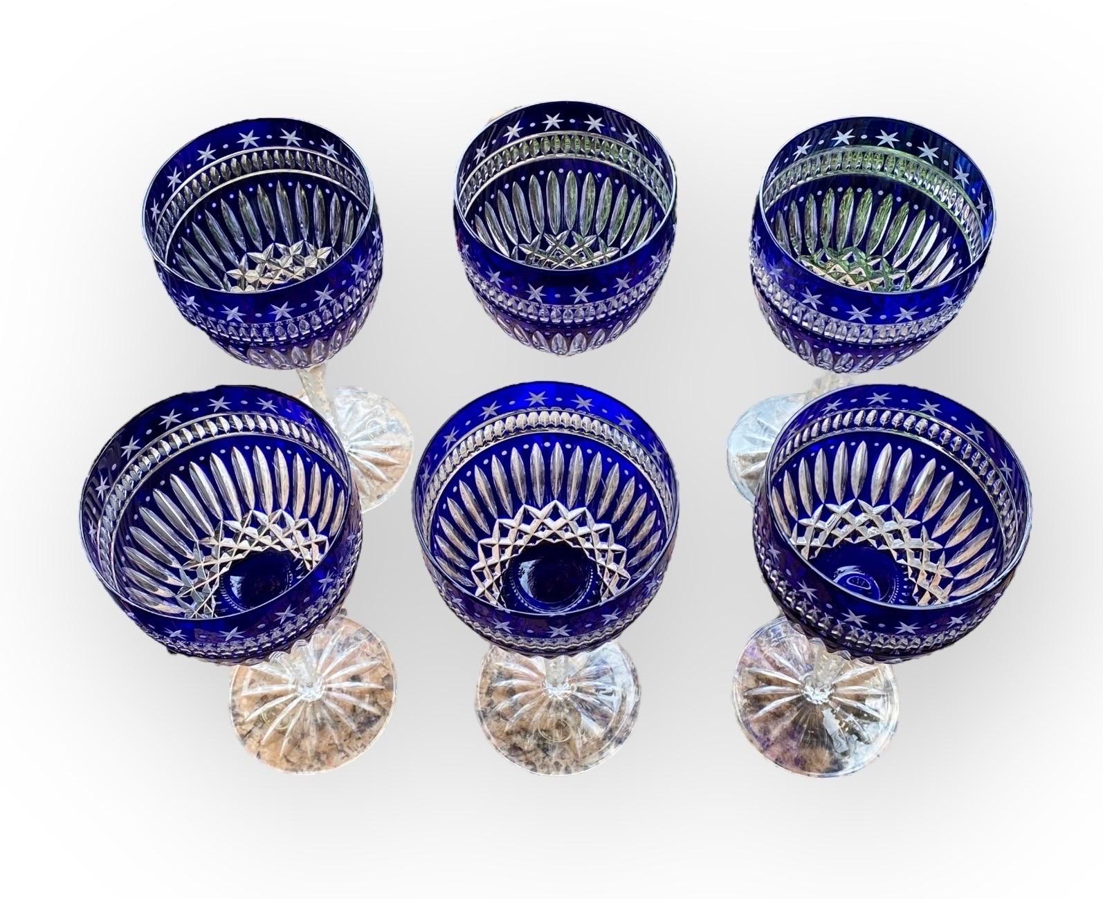 Crystal Six Ajka Serenity Star Cobalt Blue Cut To Clear Water Goblets Wine Glasses For Sale