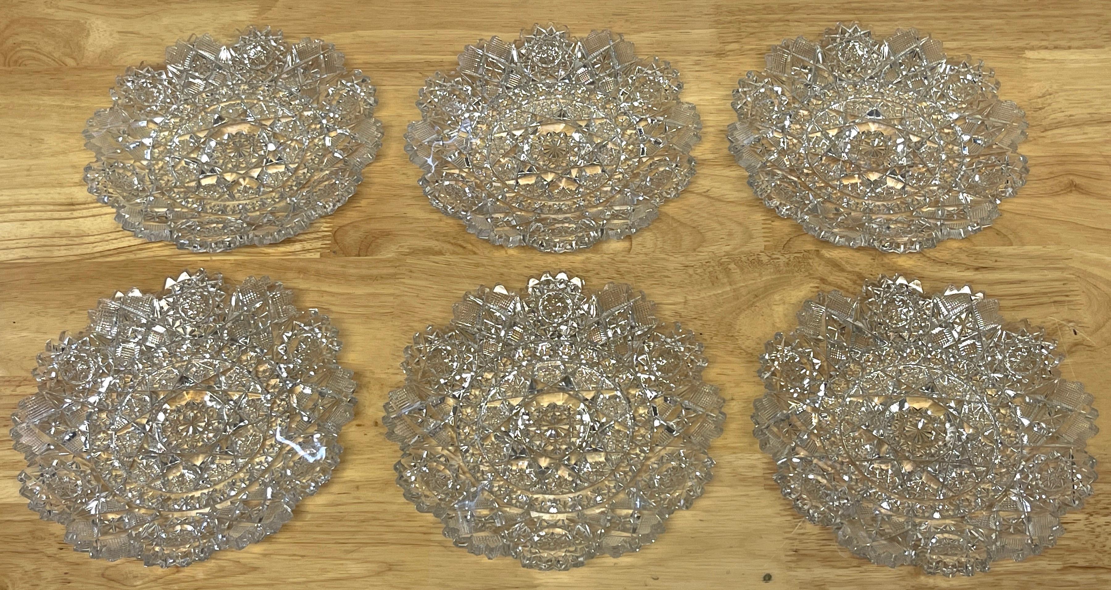 Six American brilliant cut glass 'Hobstar' dessert dishes 
A stunning set of profusely American cut glass hobstar variation pattern, possibly by J. Hoare cut glass company.
Each one of with a 7-Inch diameter.
In remarkable well cared for antique
