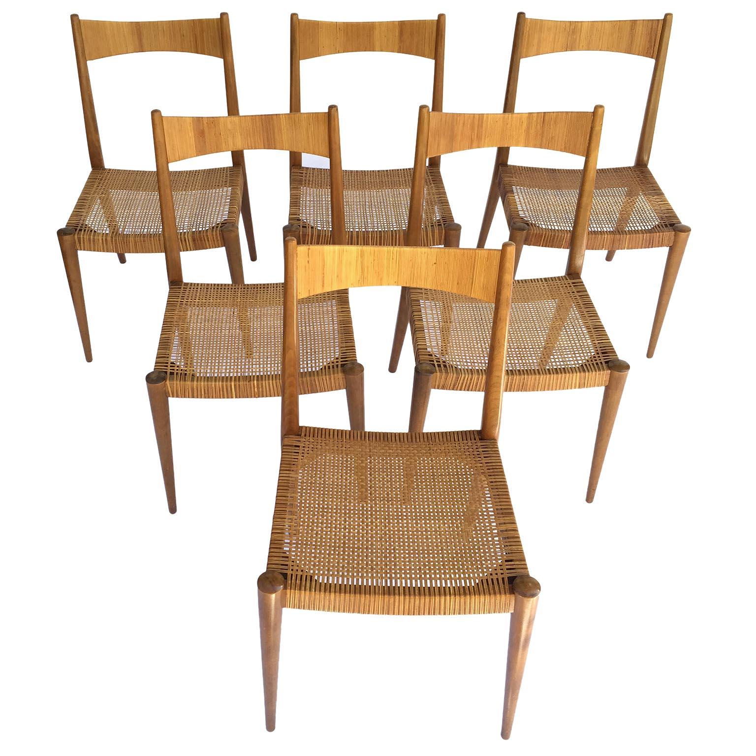 Mid-Century Modern Six Anna-Lülja Praun Chairs, Wood Cane Wicker, 1950s
