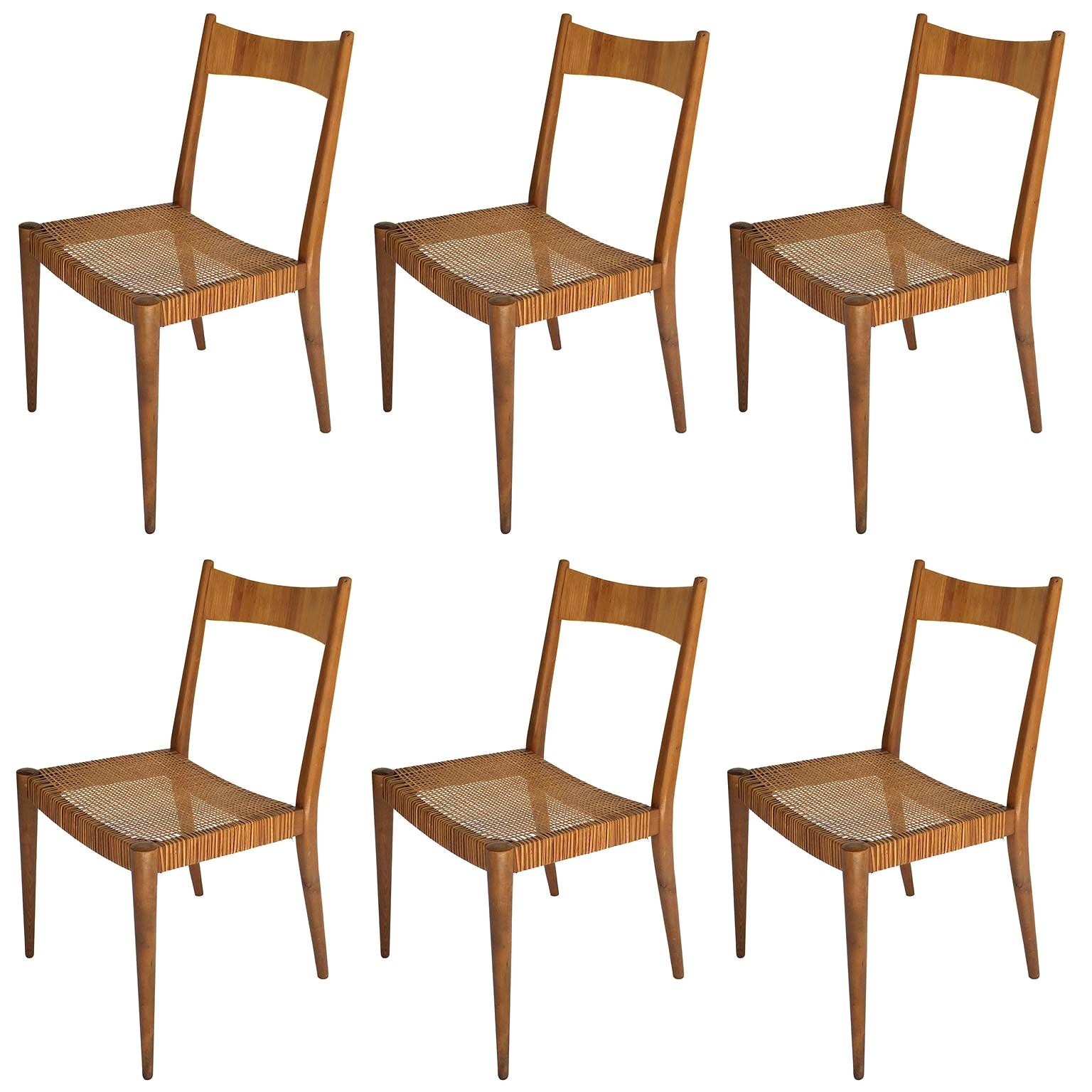 Six Anna-Lülja Praun Chairs, Wood Cane Wicker, 1950s