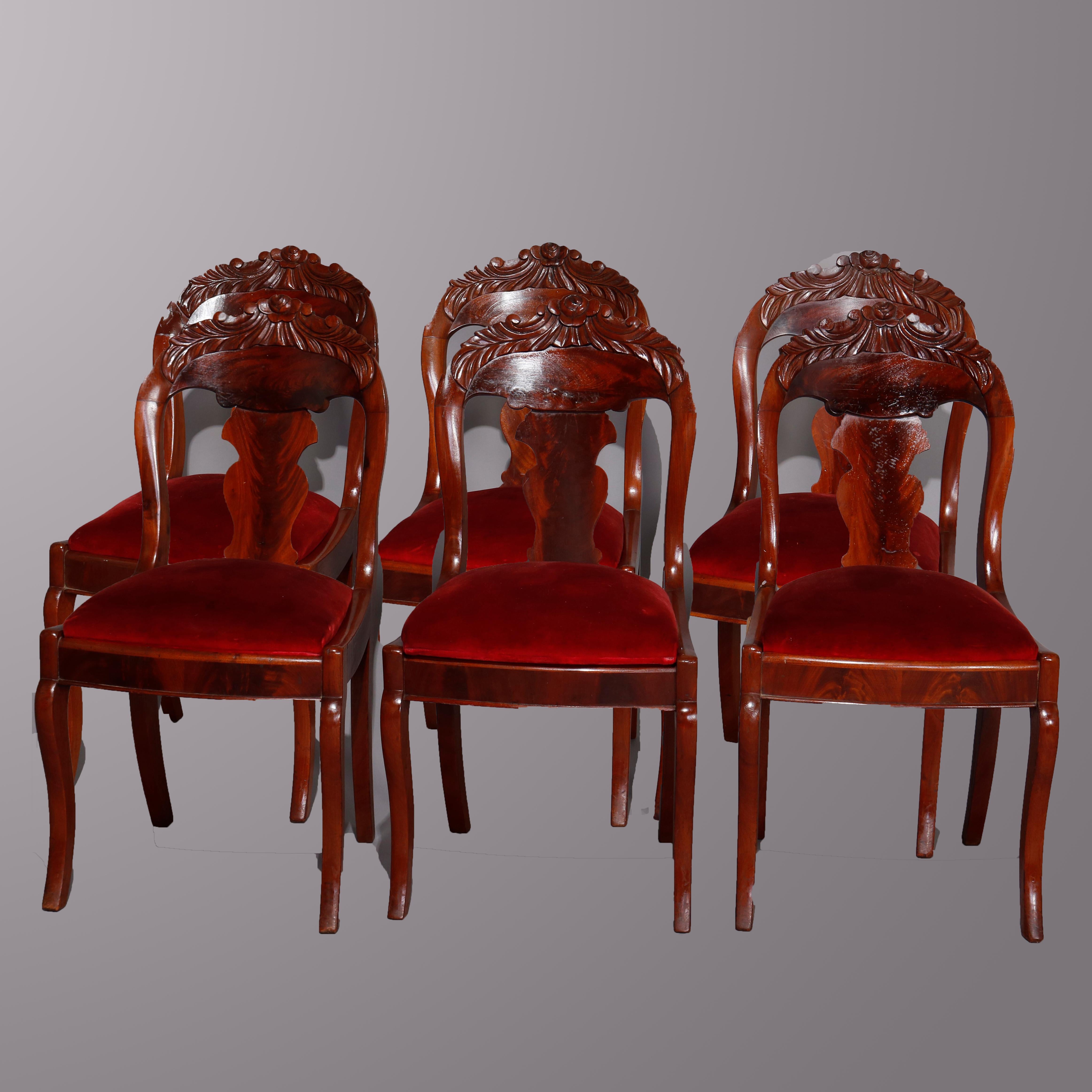 Six Antique American Empire Carved Flame Mahogany Gondola Dining Chairs 6