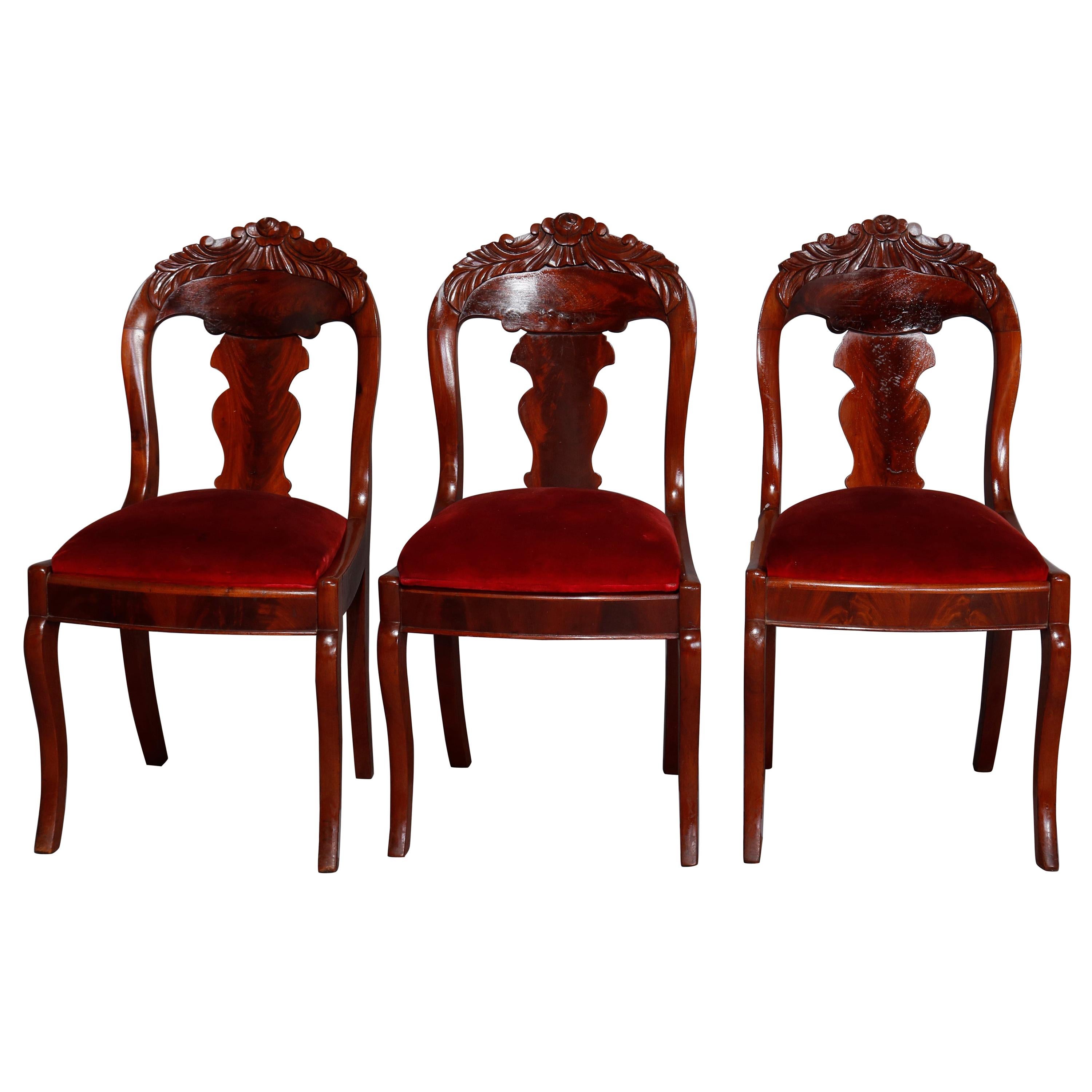 Six Antique American Empire Carved Flame Mahogany Gondola Dining Chairs