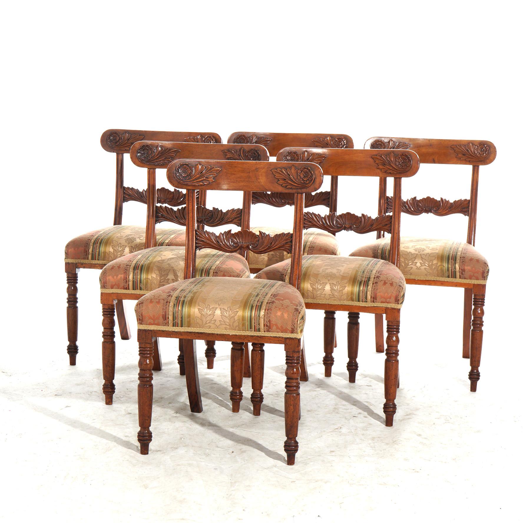 ***Ask About Reduced In-House Delivery Rates - Reliable Professional Service & Fully Insured***
Six Antique American Sheridan Floral Carved Mahogany Ladder Back Chairs with Upholstered Seats c1830

Measures - 33.5