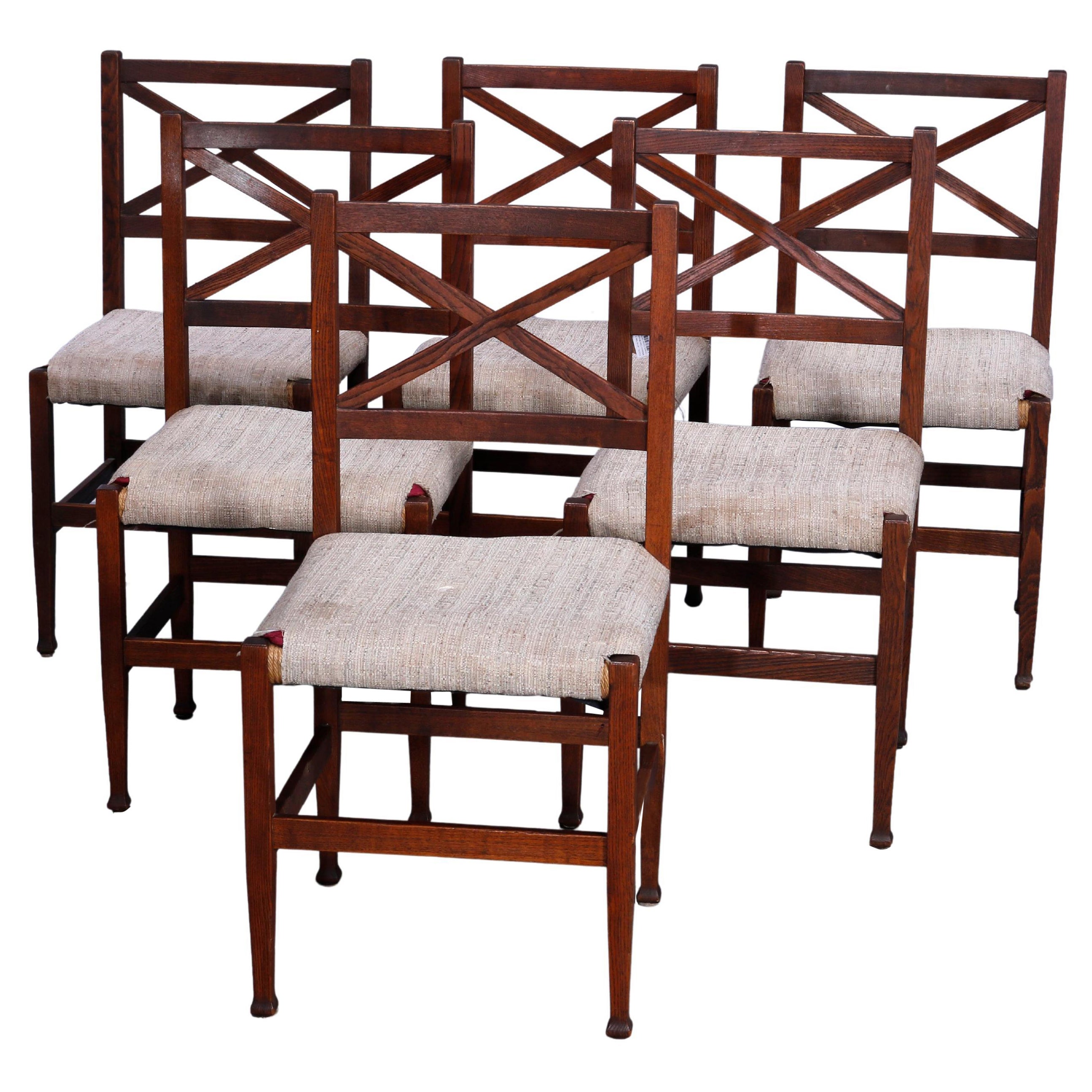 Six Antique Arts 
Crafts Mission Oak Brooks School Dining Chairs, c1910