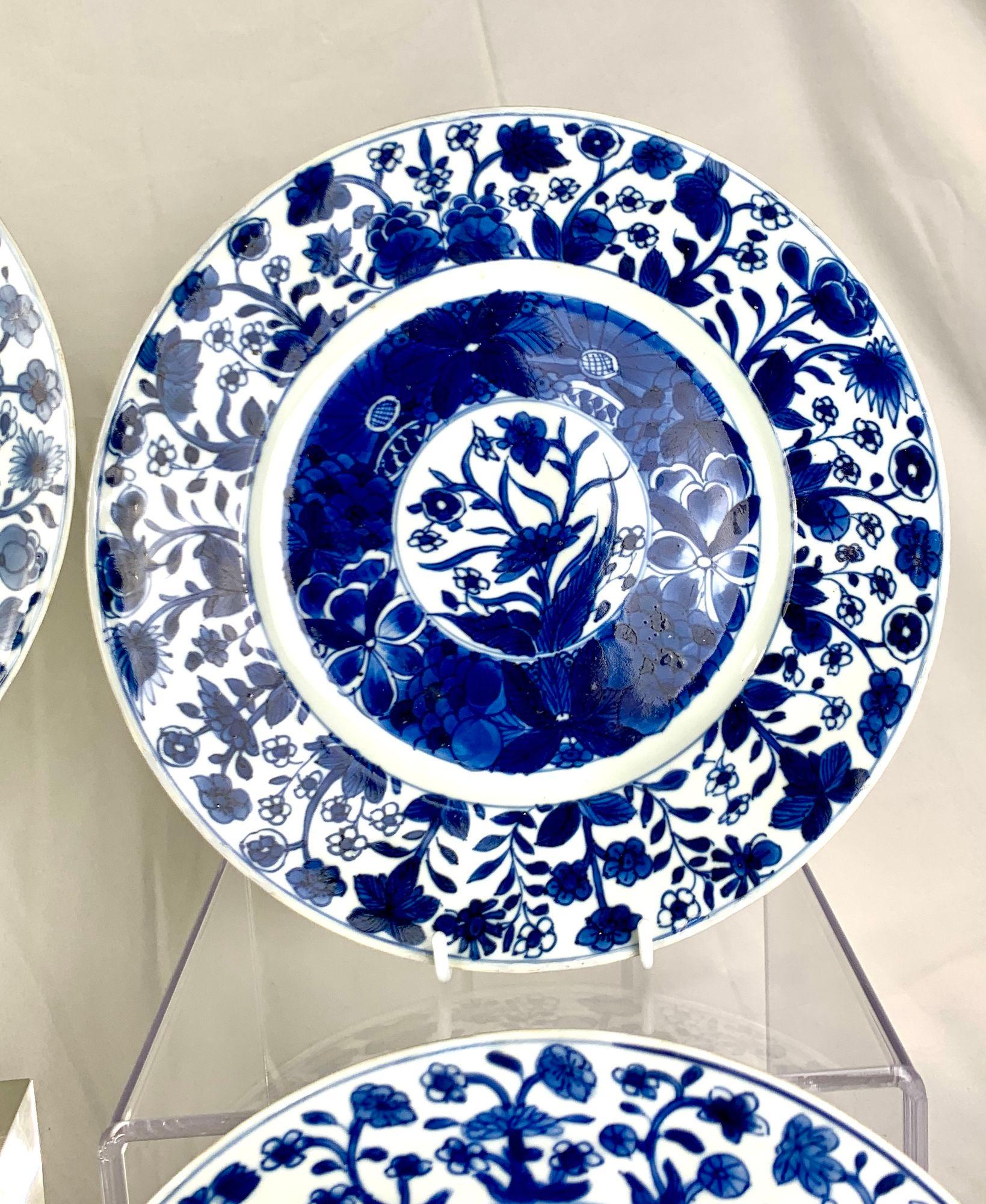 Juego de 6 platos antiguos de porcelana china azul y blanca Kangxi  C-1700 1