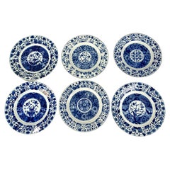 Six Antique Blue and White Chinese Porcelain Dishes Kangxi Hand Painted C-1700