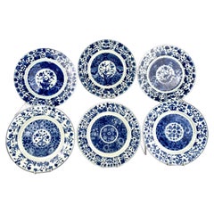 Juego de 6 platos antiguos de porcelana china azul y blanca Kangxi  C-1700