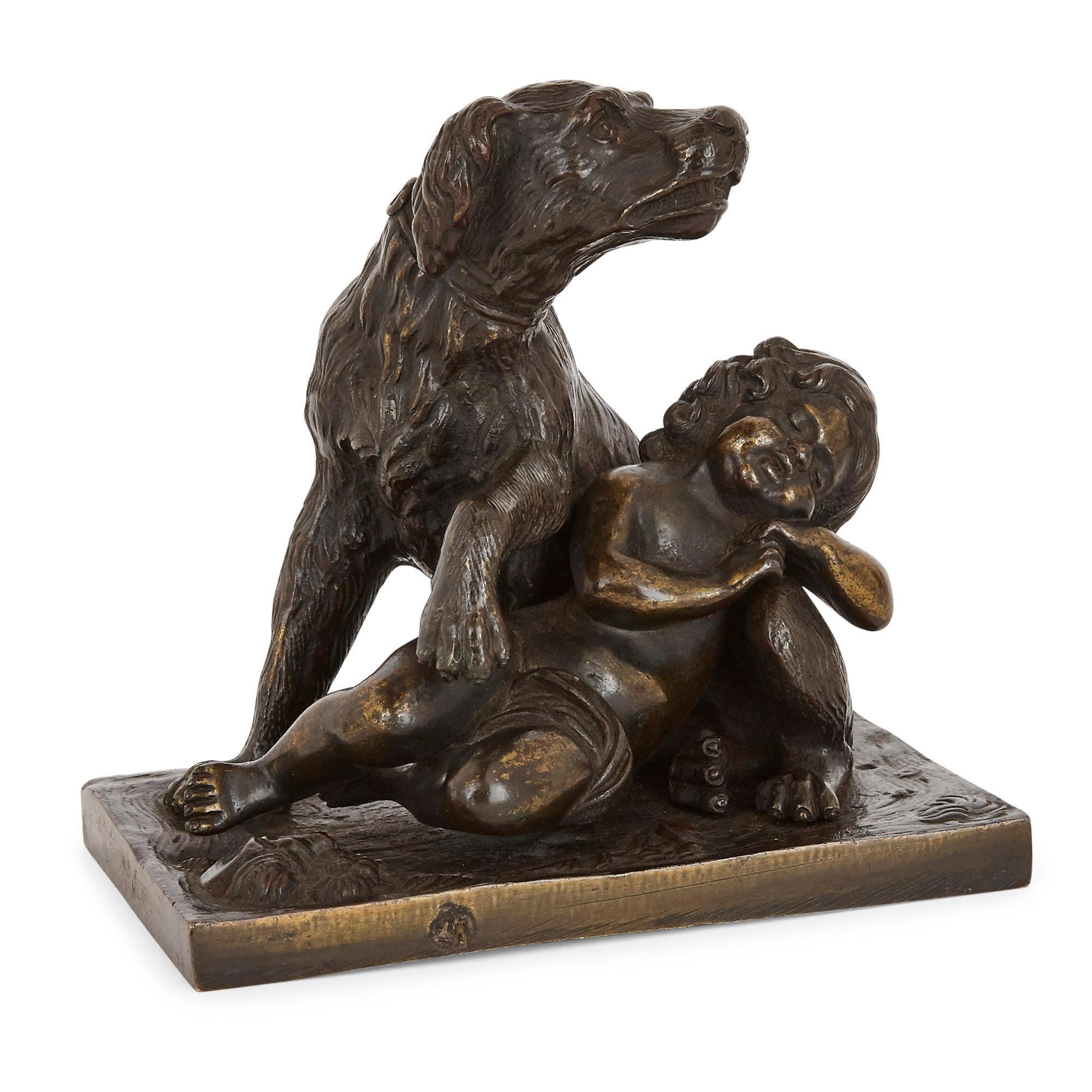 This unusual set of six bronze dogs demonstrates models crafted using a variety of materials and decorative techniques. There are examples of gilt, patinated, and cold-painted bronze; moreover, the dogs included take a variety of forms, some are