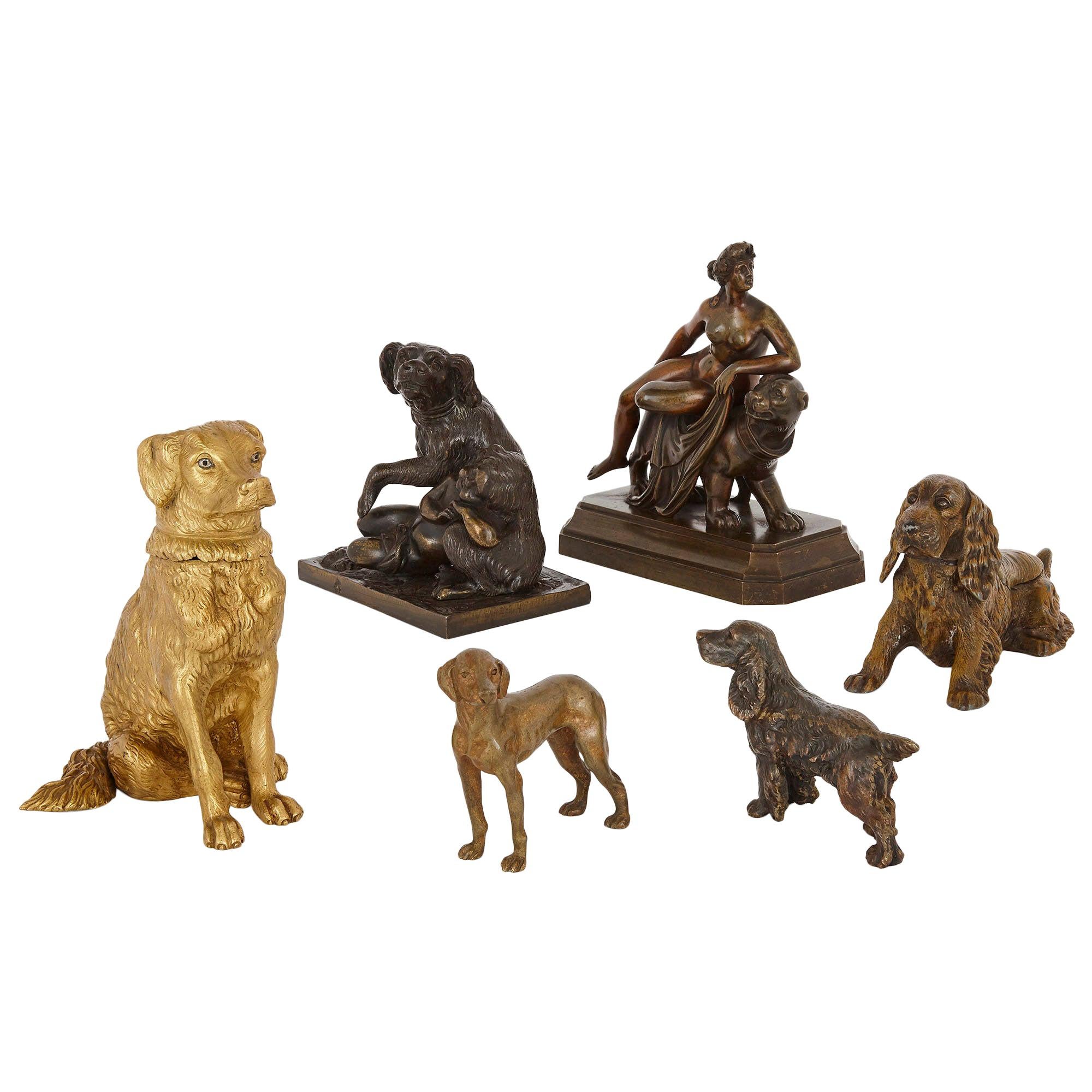 Six Antique Bronze Dog Sculptures