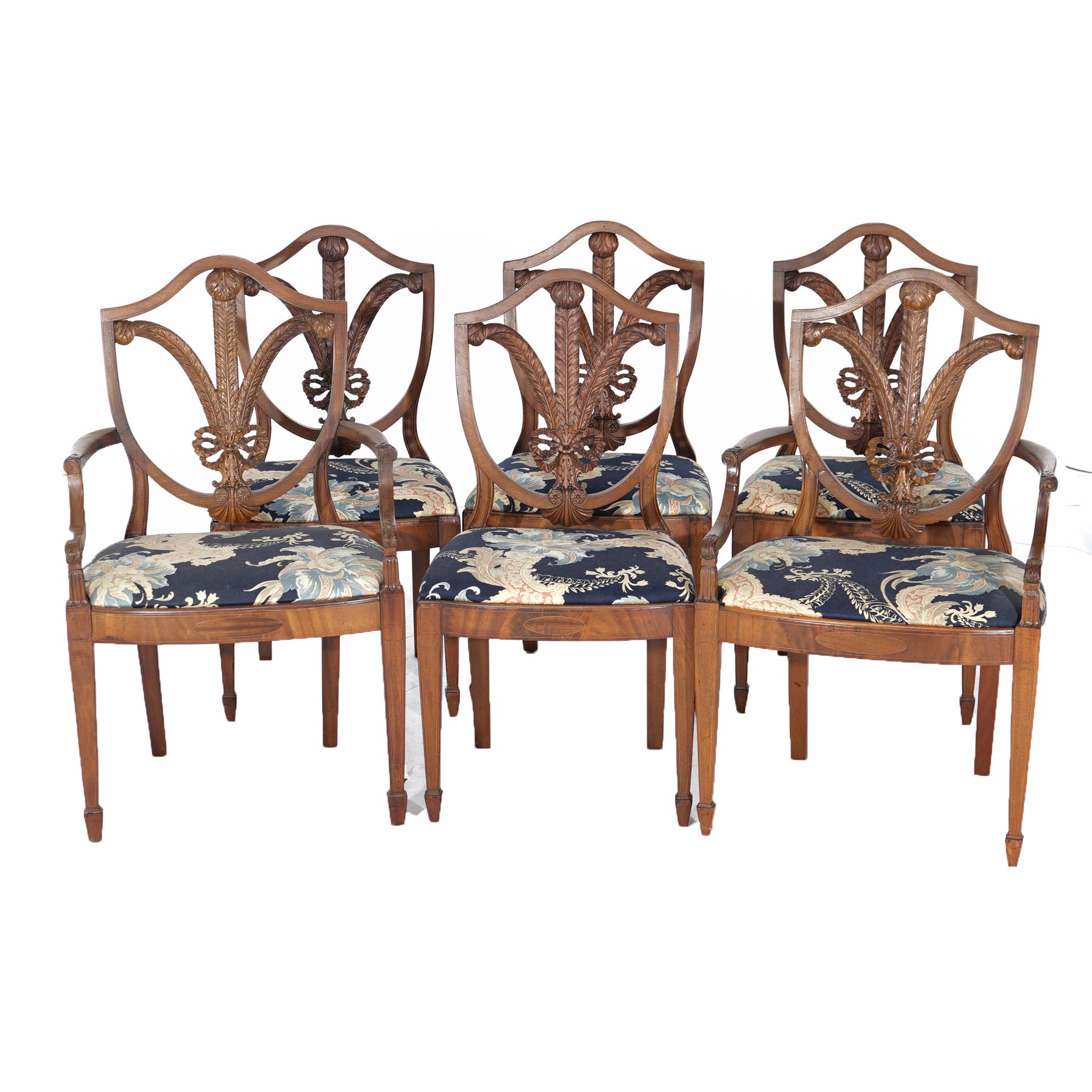 Six Antique Carved Mahogany Shield Wheat Form Back Chairs c1910 In Good Condition In Big Flats, NY