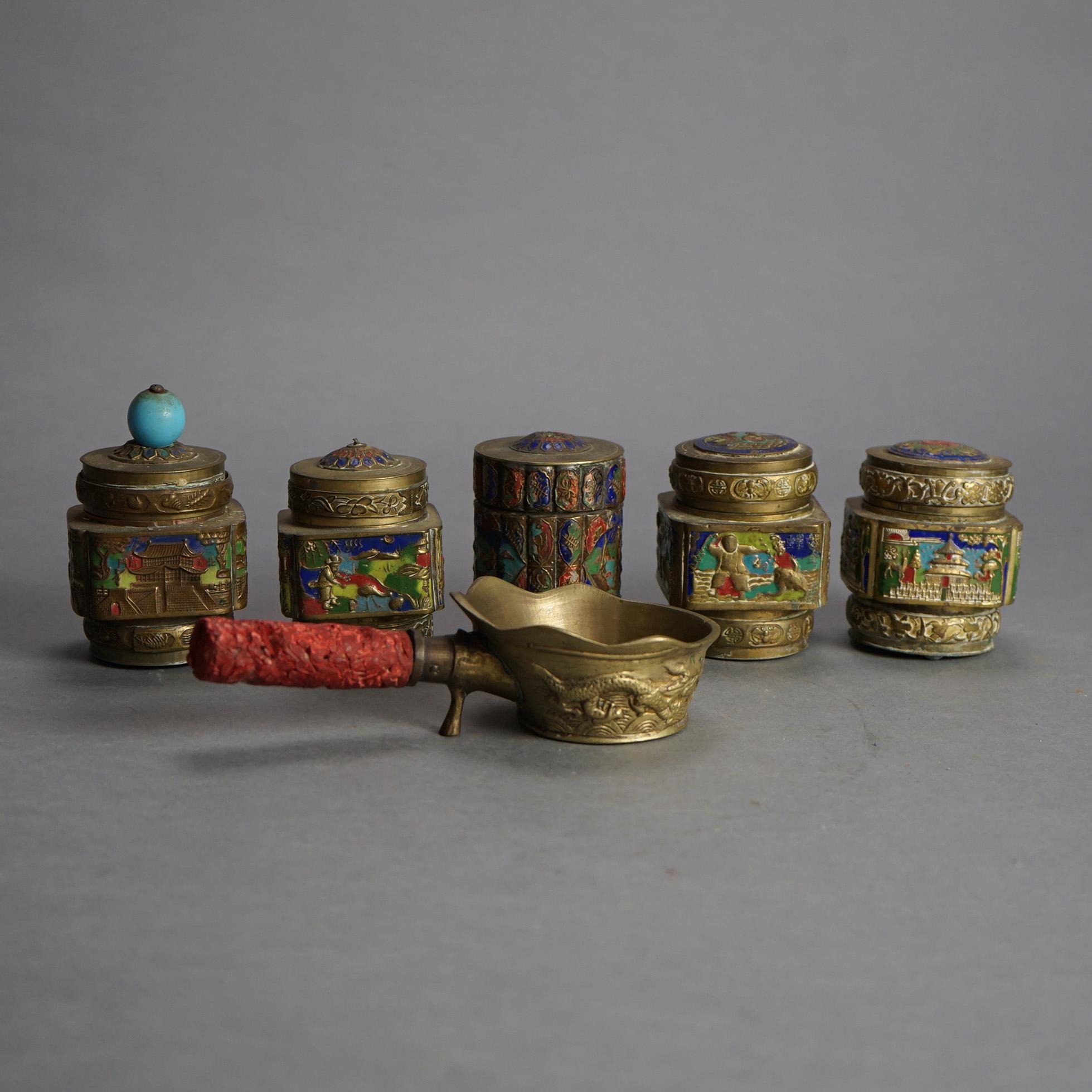 Six Antique Chinese Bronze and Enameled Scent Jars C1920

Measures - Handled dish 3