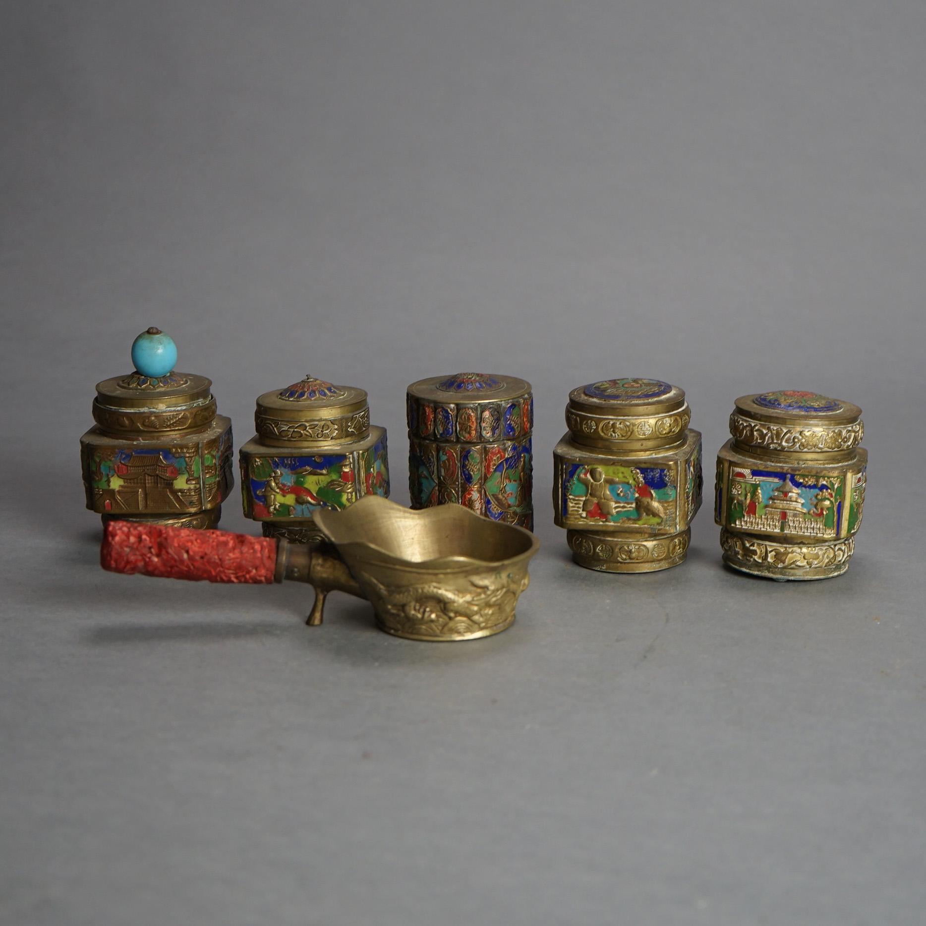 Asian Six Antique Chinese Bronze and Enameled Scent Jars C1920 For Sale