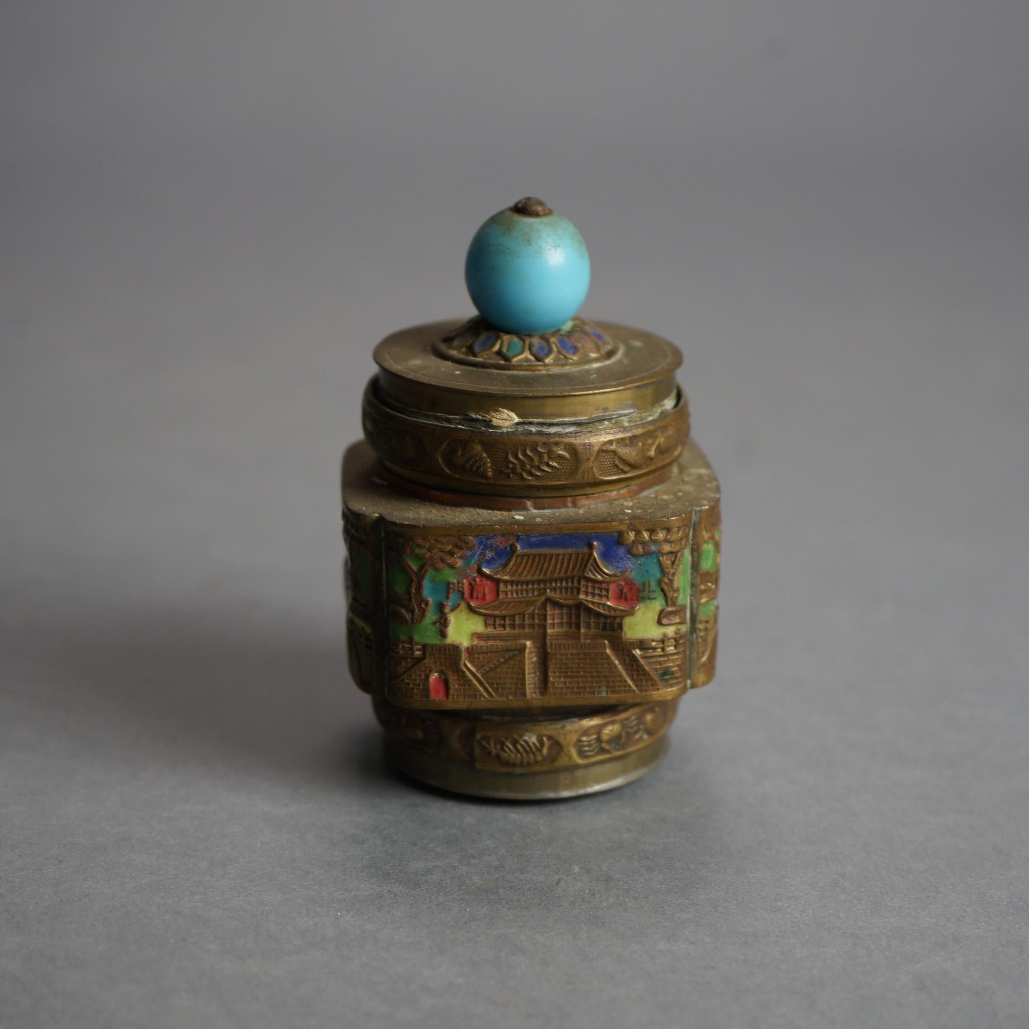 Six Antique Chinese Bronze and Enameled Scent Jars C1920 In Good Condition For Sale In Big Flats, NY