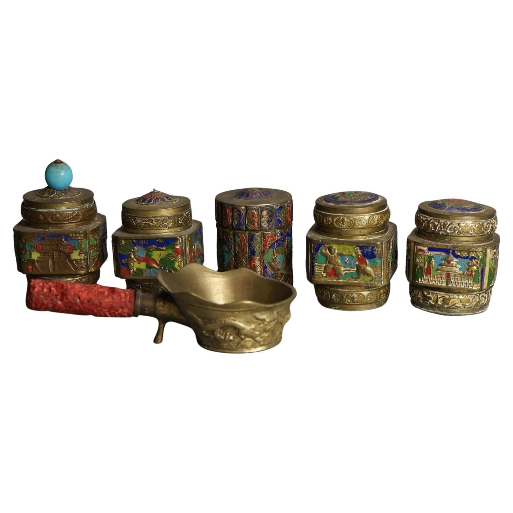 Six Antique Chinese Bronze and Enameled Scent Jars C1920 For Sale