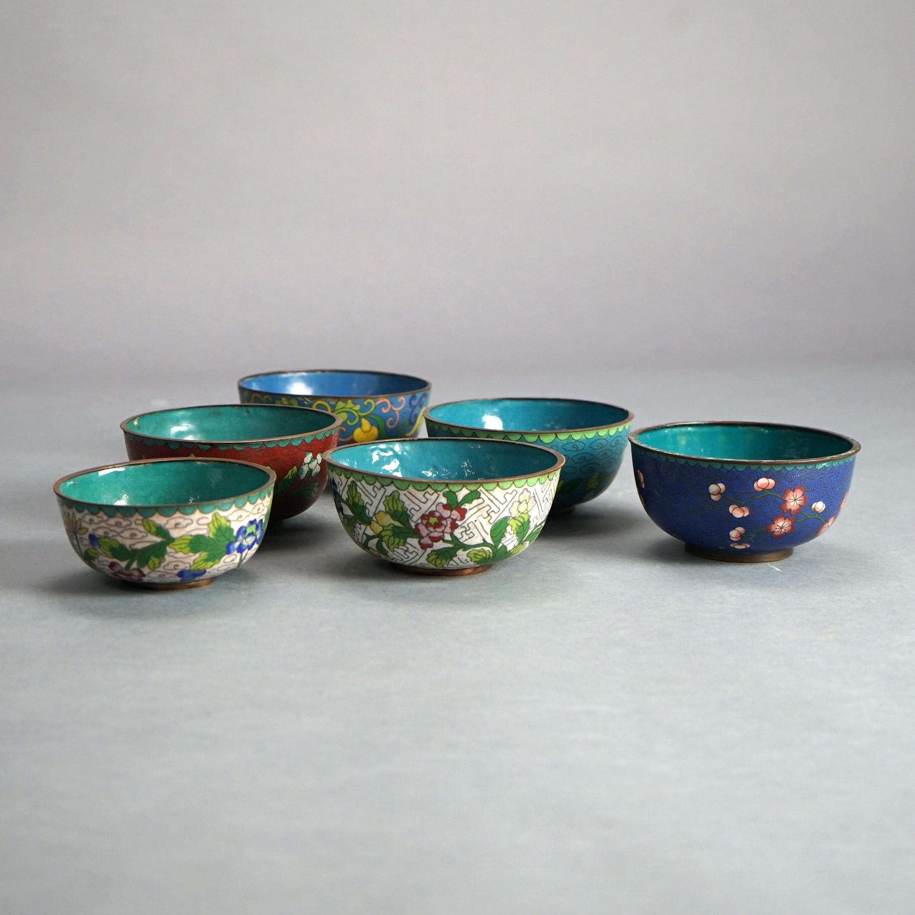Six Antique Chinese Cloisonne Enameled Rice Bowls with Floral Design, C1920

Measures - 1 @ 4'' x 2''; 5 @ 2.5''H x 4.5'' 
