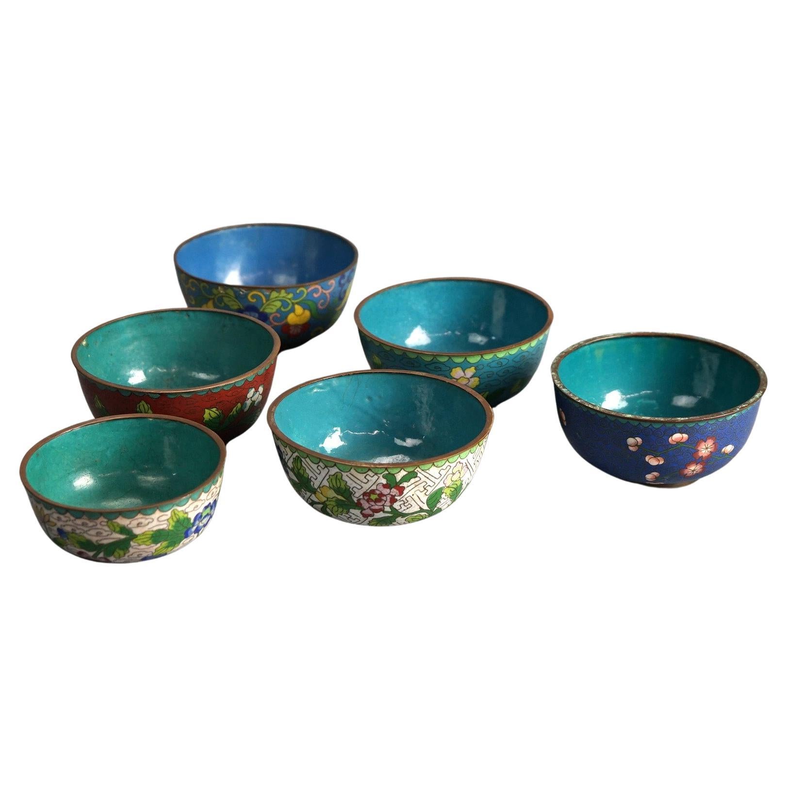 Six Antique Chinese Cloisonne Enameled Rice Bowls C1920 For Sale