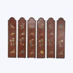 Six Antique Chinese Hand Painted Wood & Metal Panels With Dragon Borders c1880