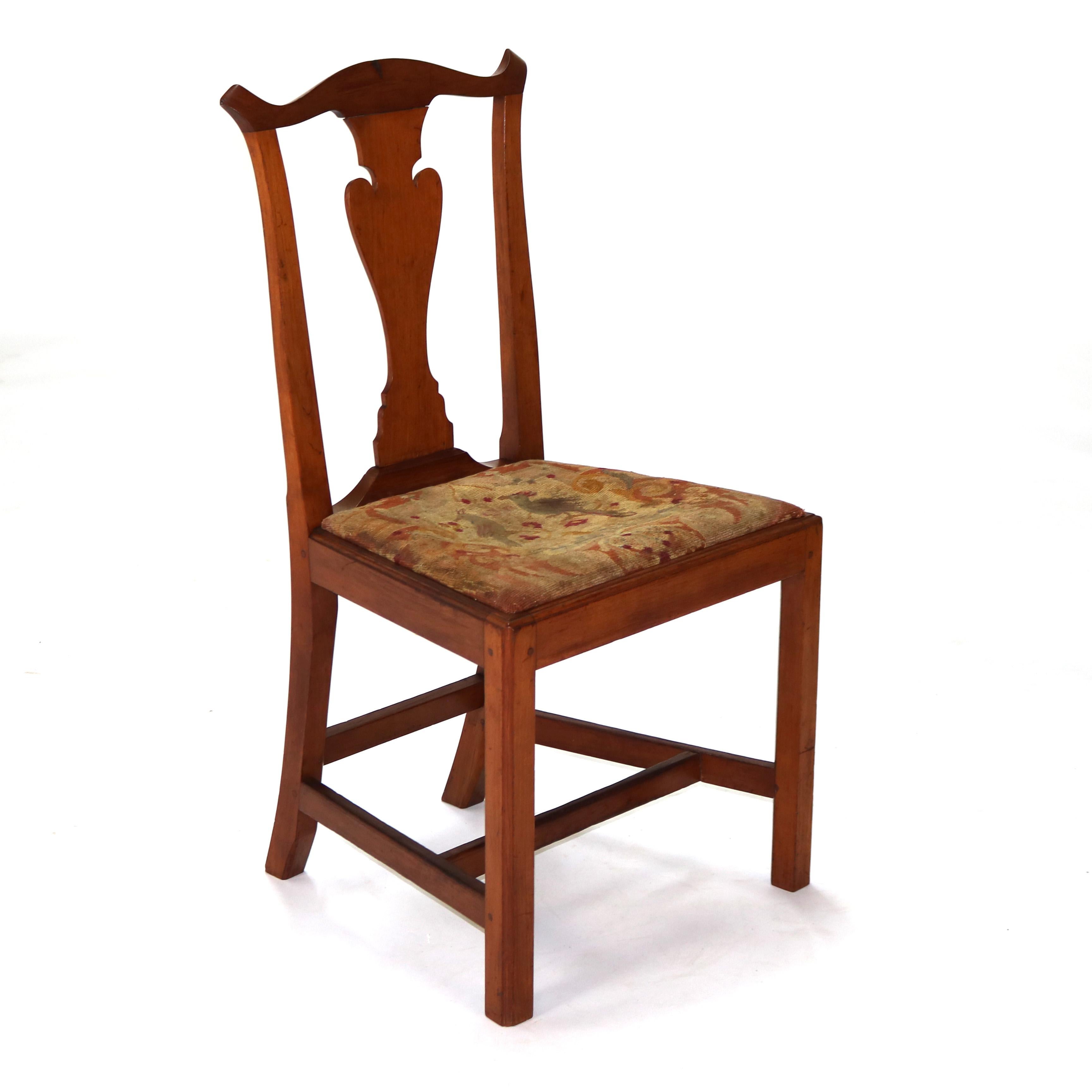 Six Antique Chippendale Cherry Slat-Back Dining Chairs with Tapestry Seats C1800 In Good Condition In Big Flats, NY