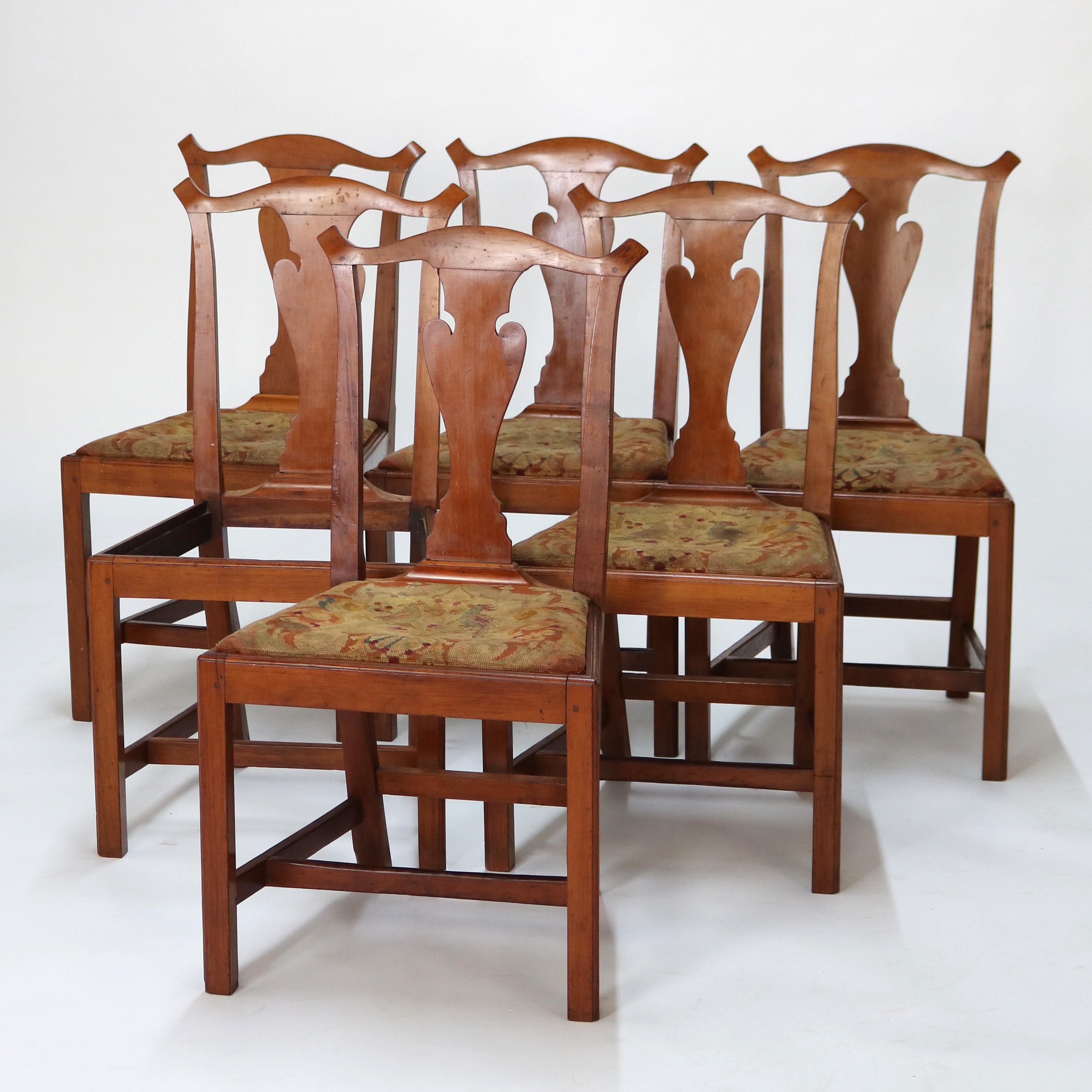 19th Century Six Antique Chippendale Cherry Slat-Back Dining Chairs with Tapestry Seats C1800