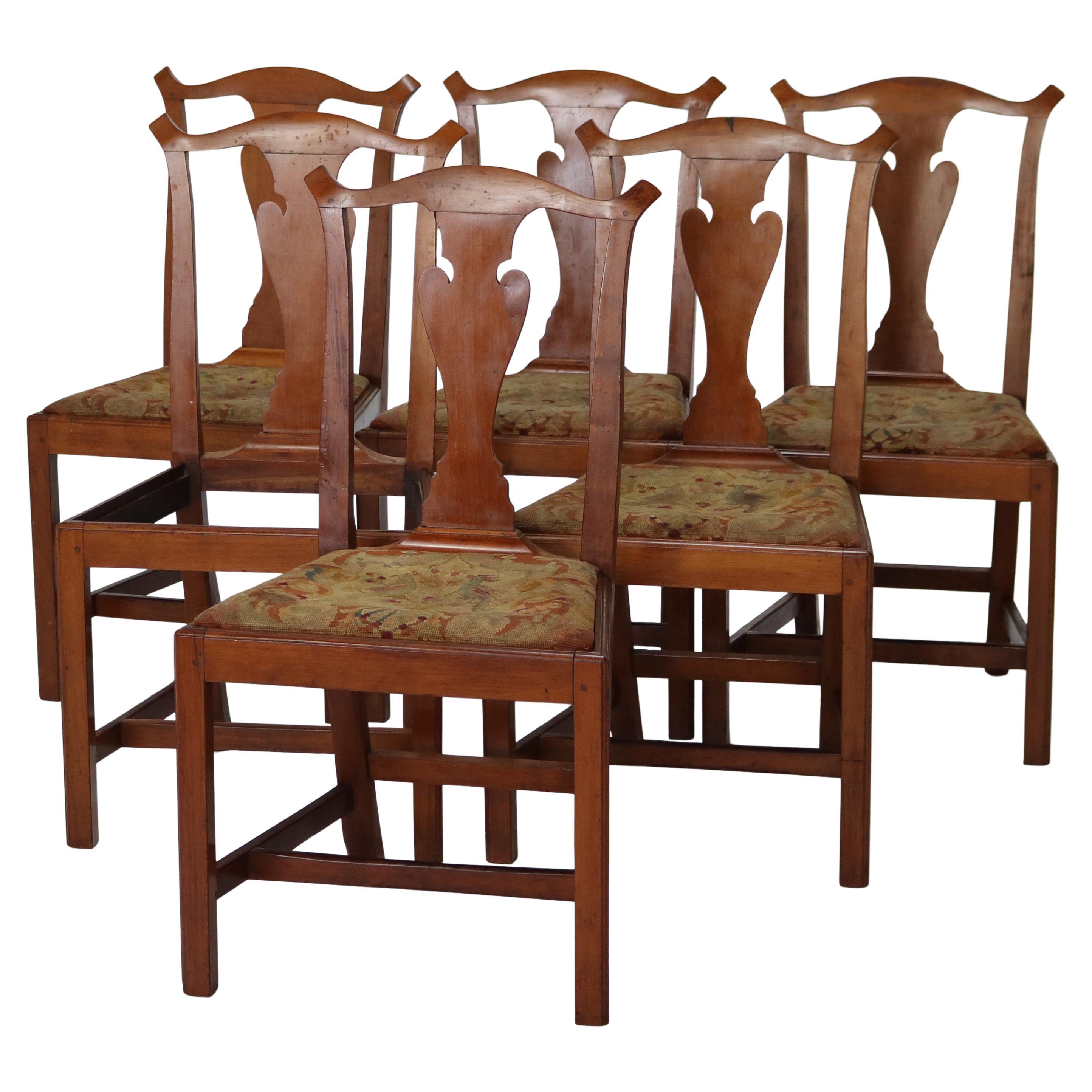 Six Antique Chippendale Cherry Slat-Back Dining Chairs with Tapestry Seats C1800