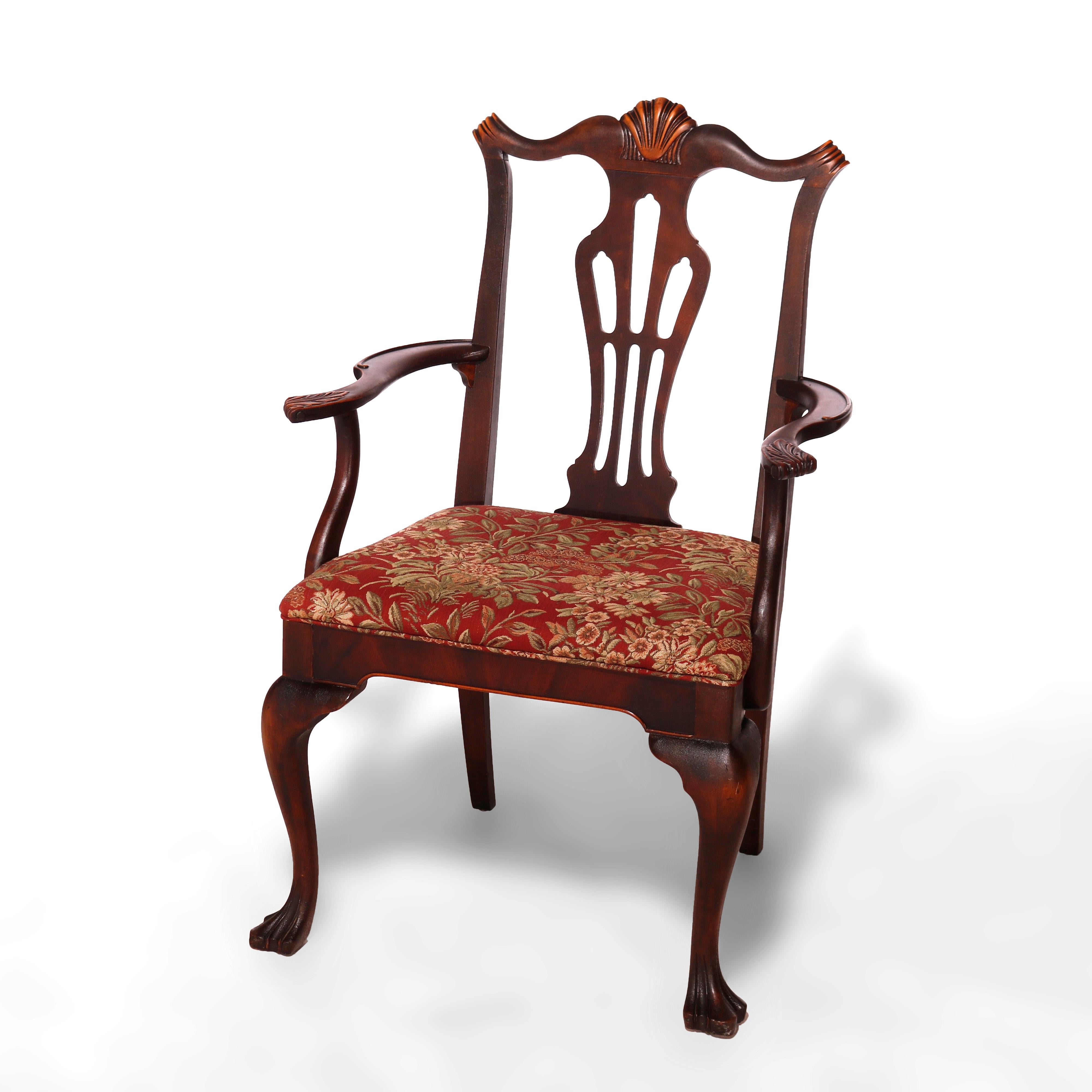 Upholstery Six Antique Chippendale Style Mahogany Slat Back Dining Chairs, c1930 For Sale