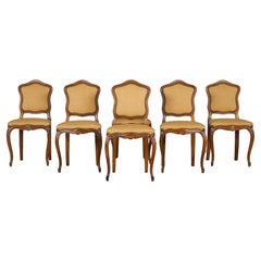 Sei sedie da pranzo in legno di noce in stile Antique French Louis XV con tessuto beige