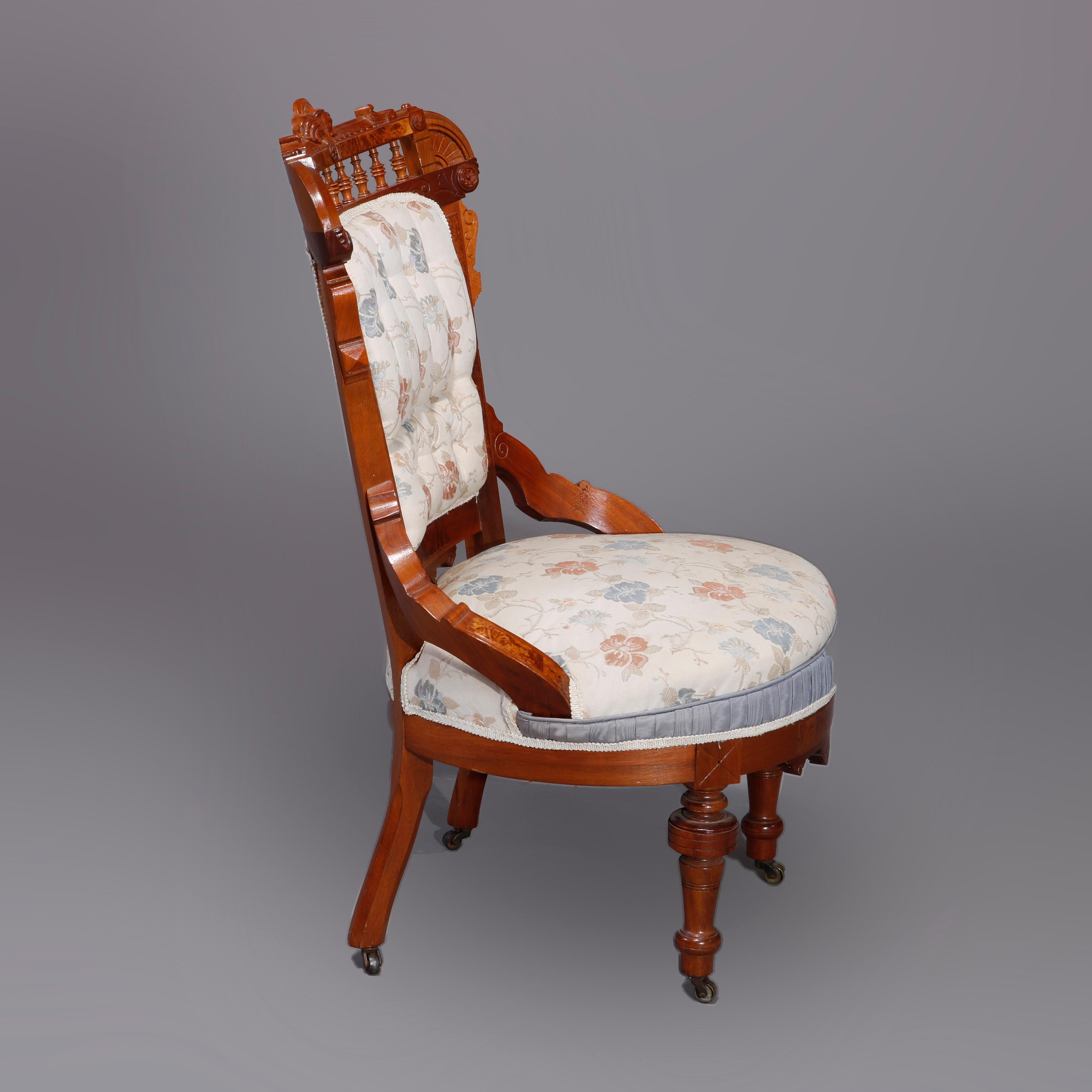 Wood Six Antique Eastlake Spindled Walnut & Burl Upholstered Parlor Chairs, C1890 For Sale