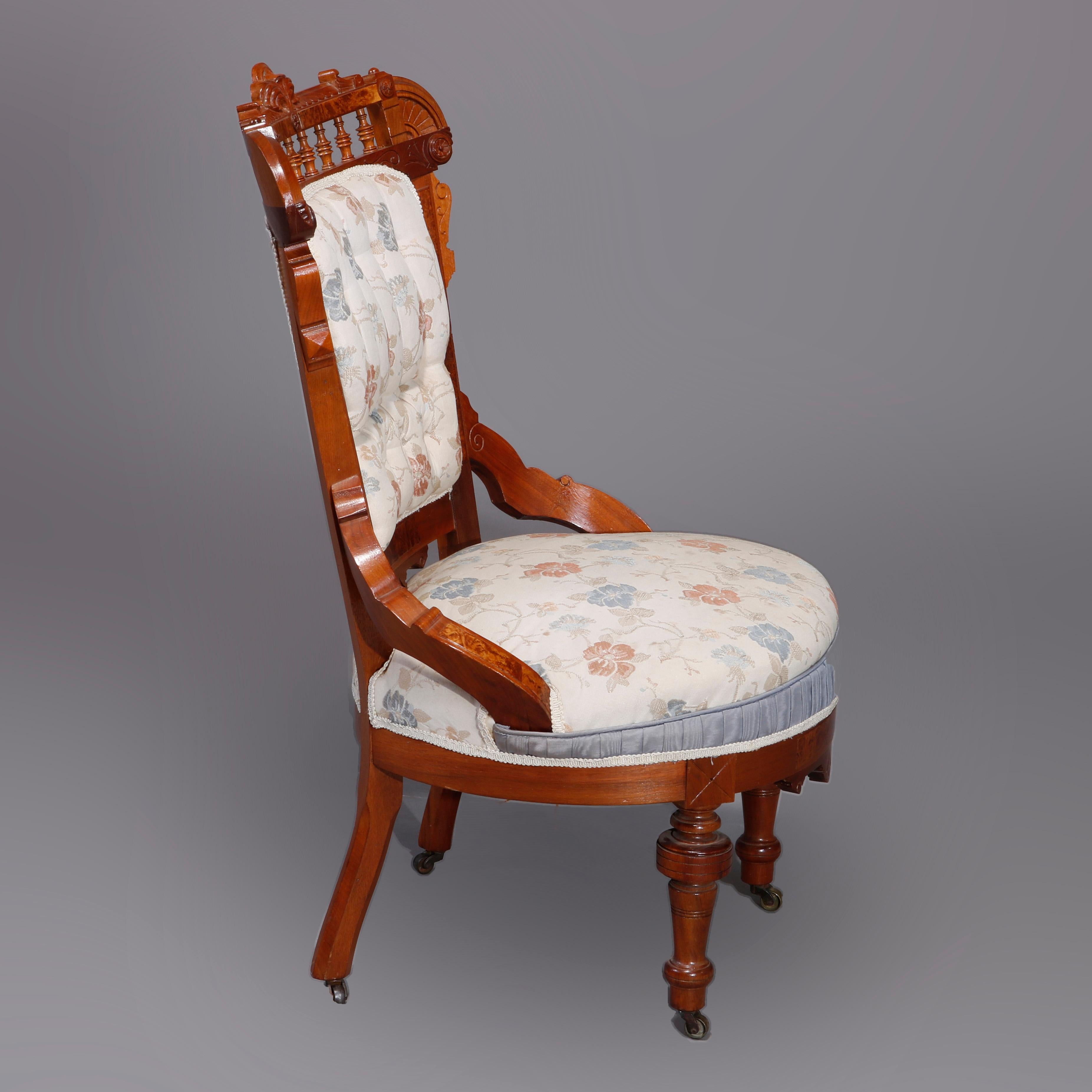 Six Antique Eastlake Spindled Walnut & Burl Upholstered Parlor Chairs, C1890 For Sale 1