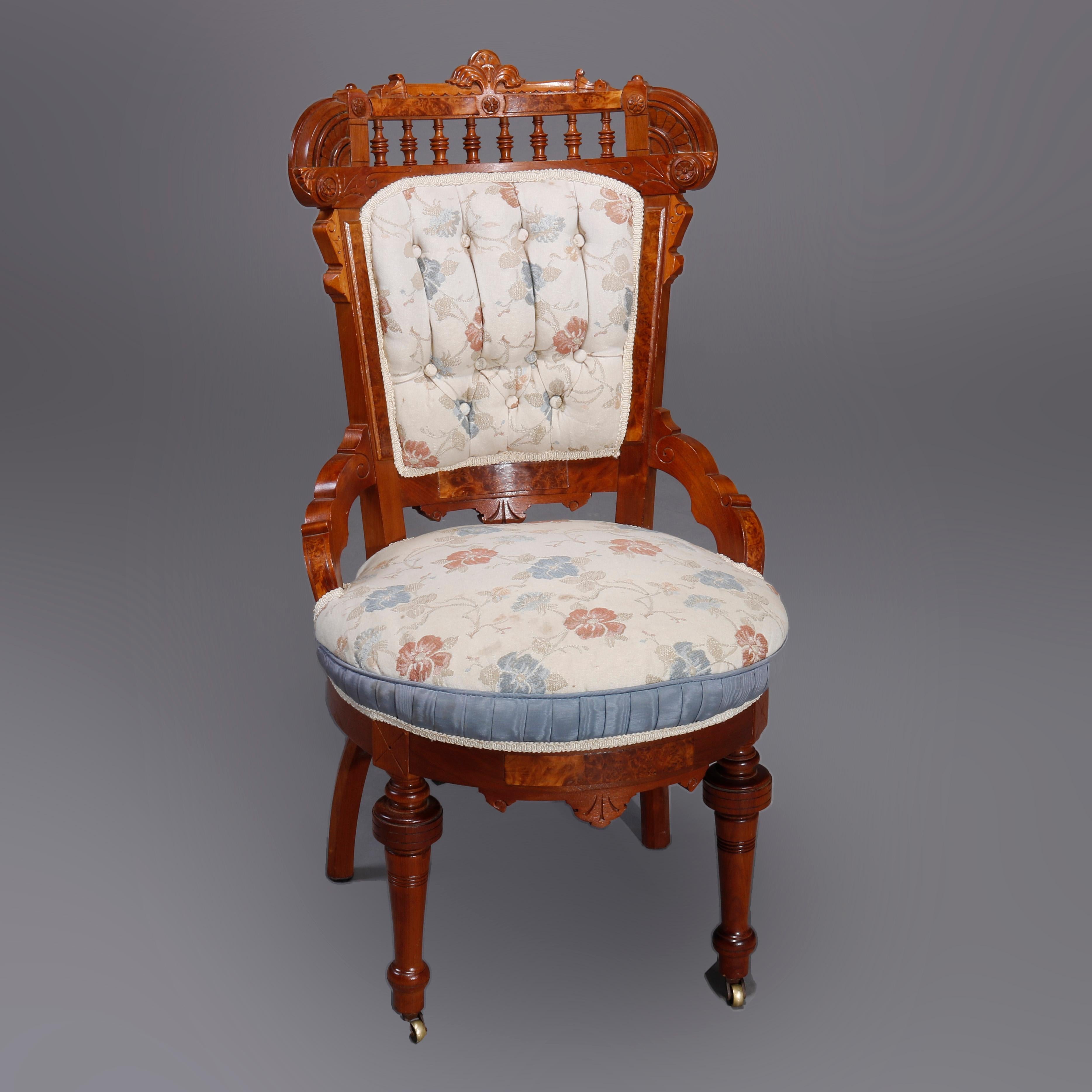 Six Antique Eastlake Spindled Walnut & Burl Upholstered Parlor Chairs, C1890 For Sale 2