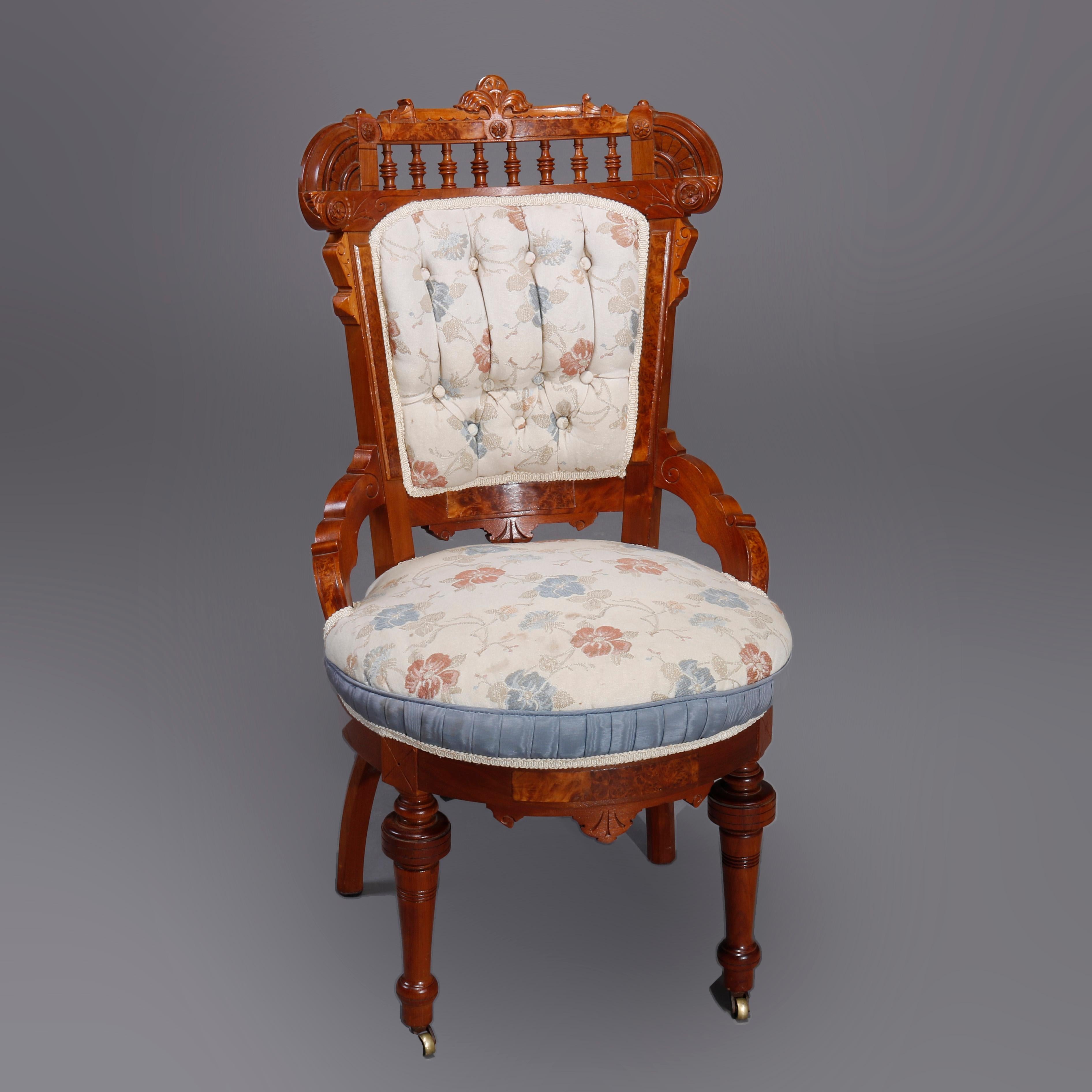 Six Antique Eastlake Spindled Walnut & Burl Upholstered Parlor Chairs, C1890 For Sale 3