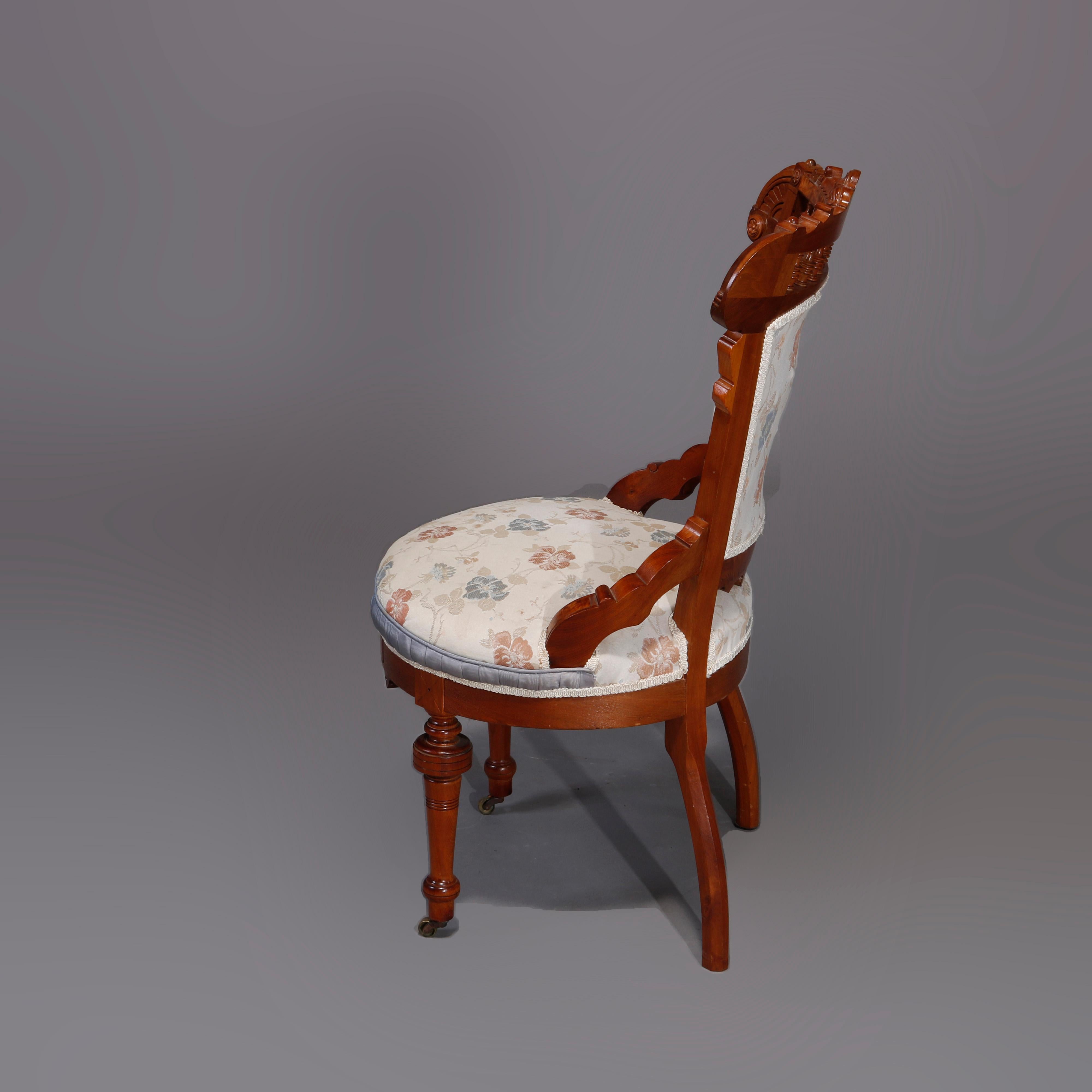 Six Antique Eastlake Spindled Walnut & Burl Upholstered Parlor Chairs, C1890 For Sale 4