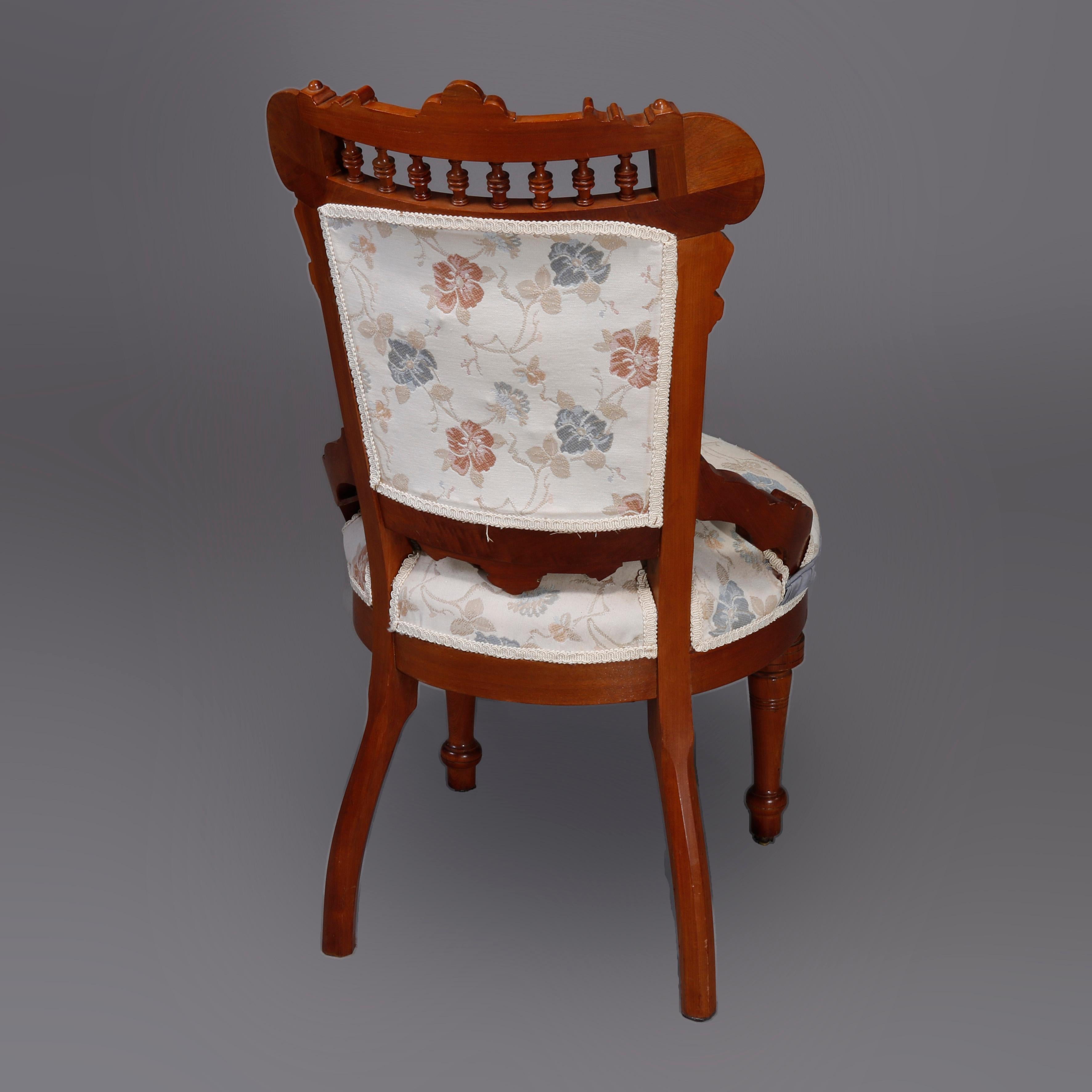 Six Antique Eastlake Spindled Walnut & Burl Upholstered Parlor Chairs, C1890 For Sale 5