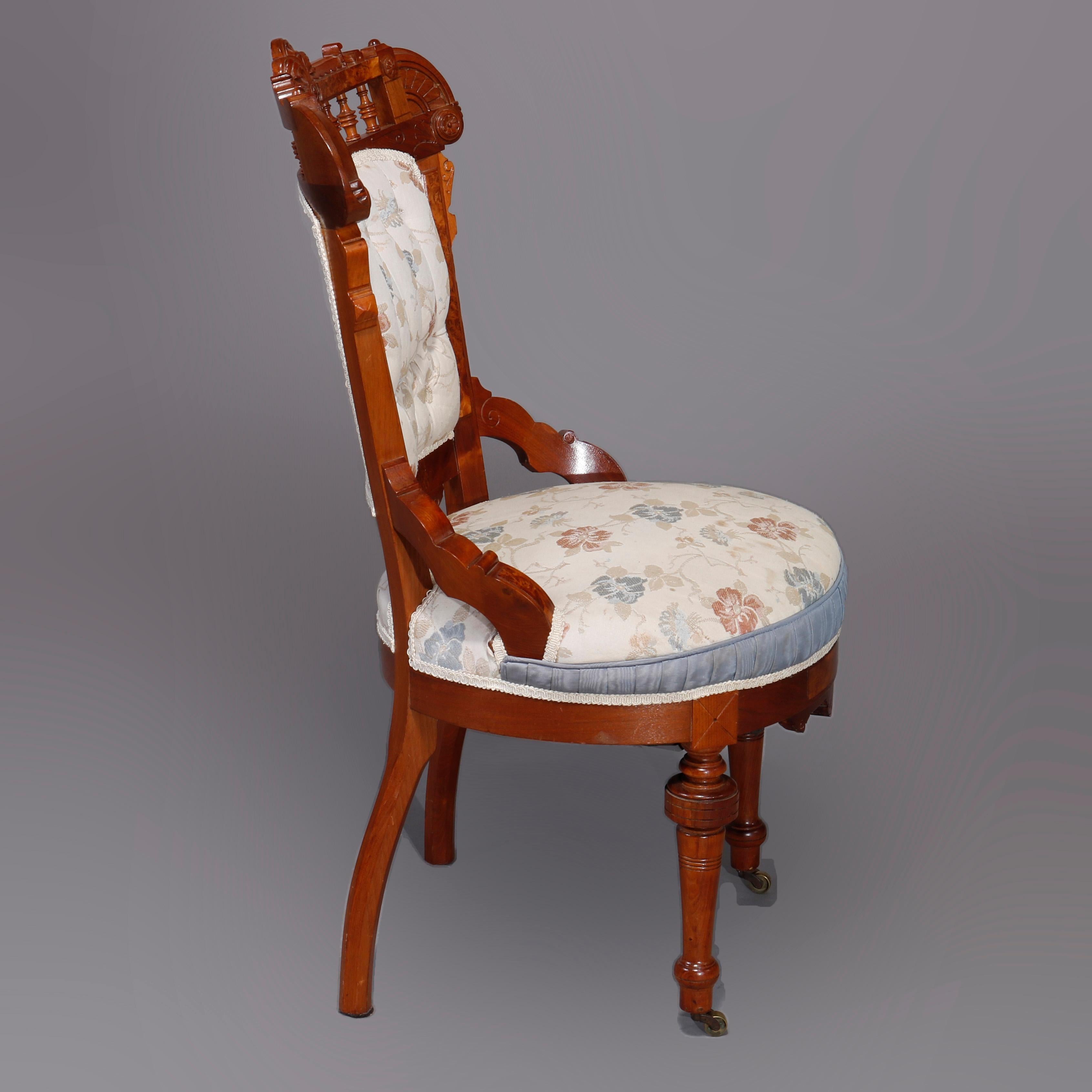 Six Antique Eastlake Spindled Walnut & Burl Upholstered Parlor Chairs, C1890 For Sale 6
