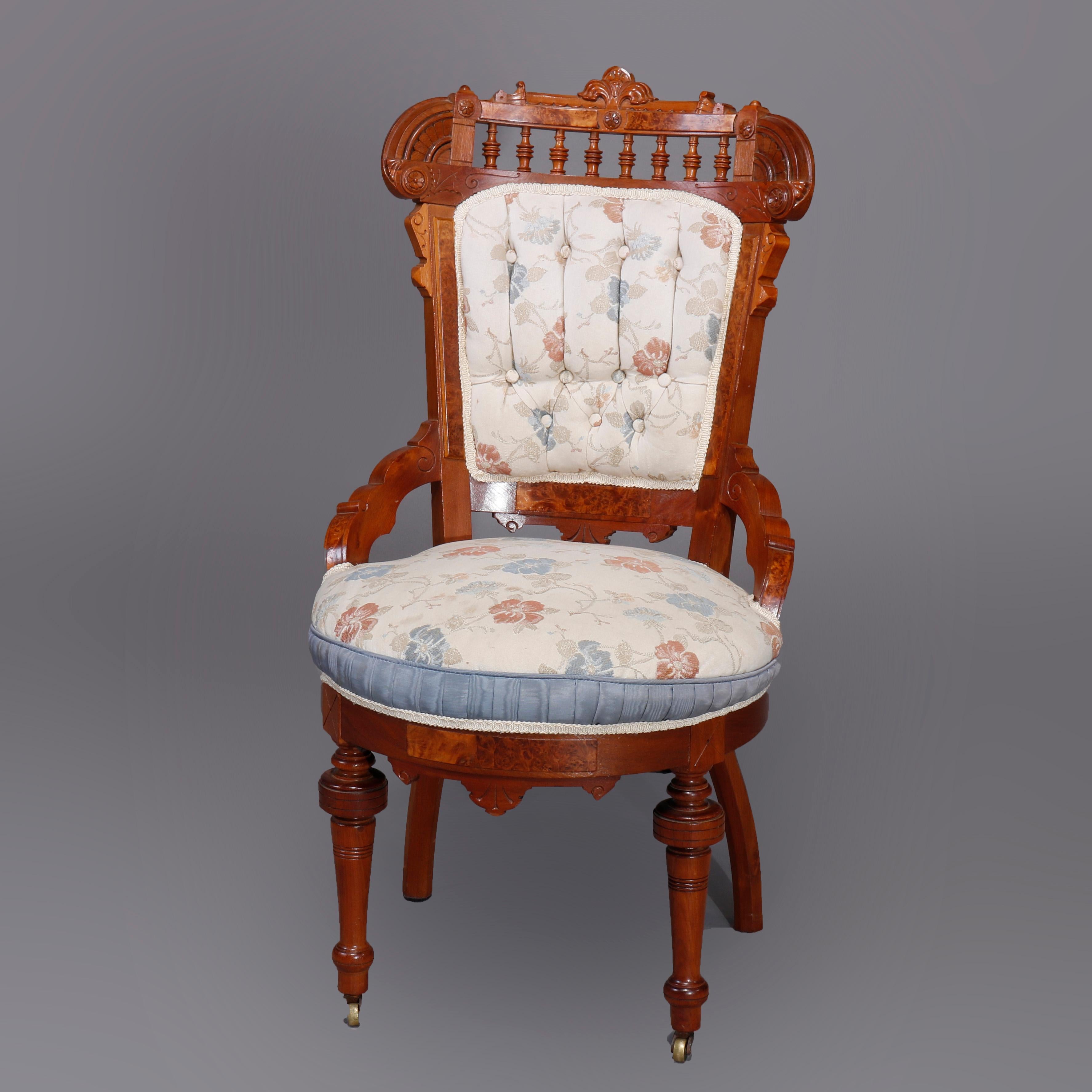 Six Antique Eastlake Spindled Walnut & Burl Upholstered Parlor Chairs, C1890 For Sale 7