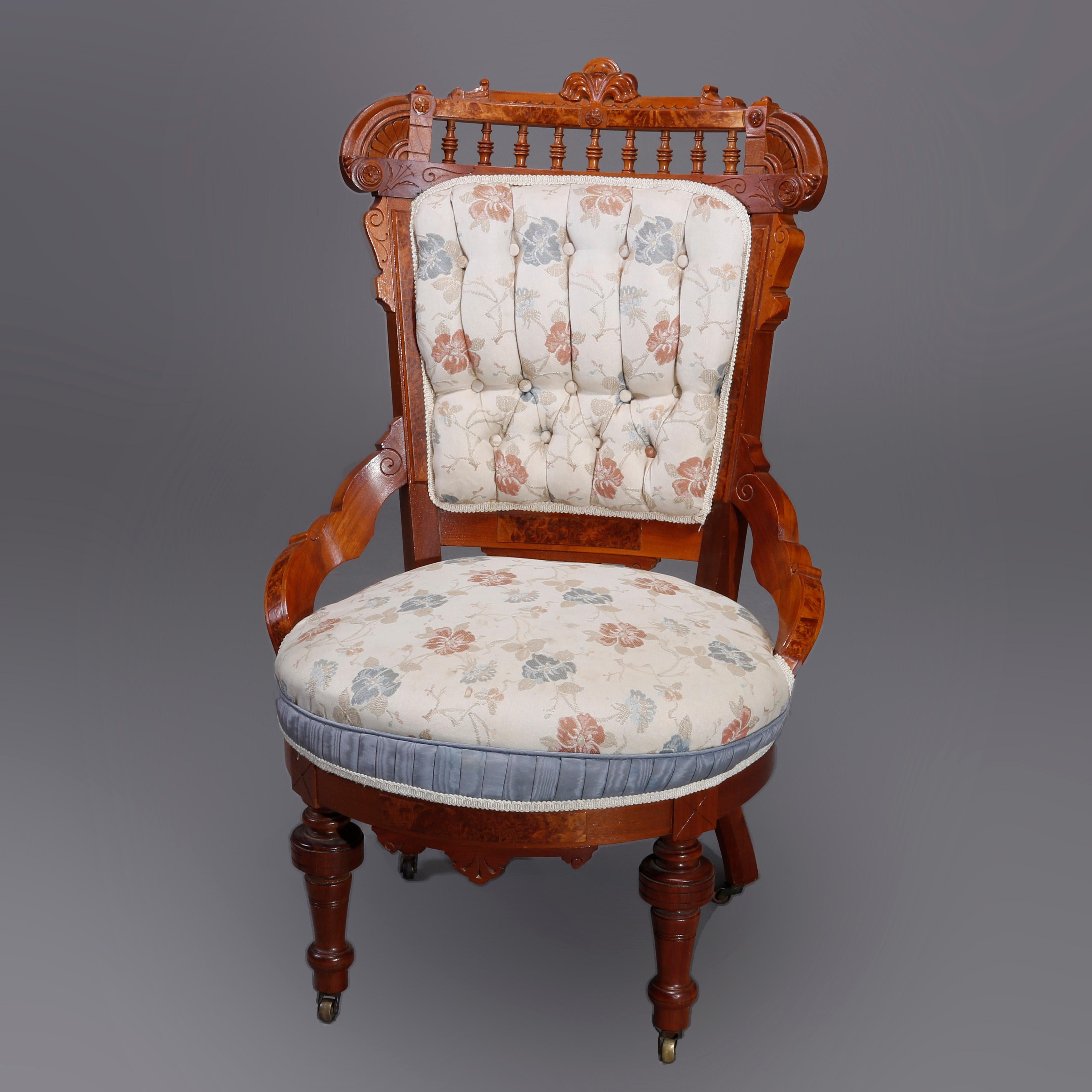 American Six Antique Eastlake Spindled Walnut & Burl Upholstered Parlor Chairs, C1890 For Sale