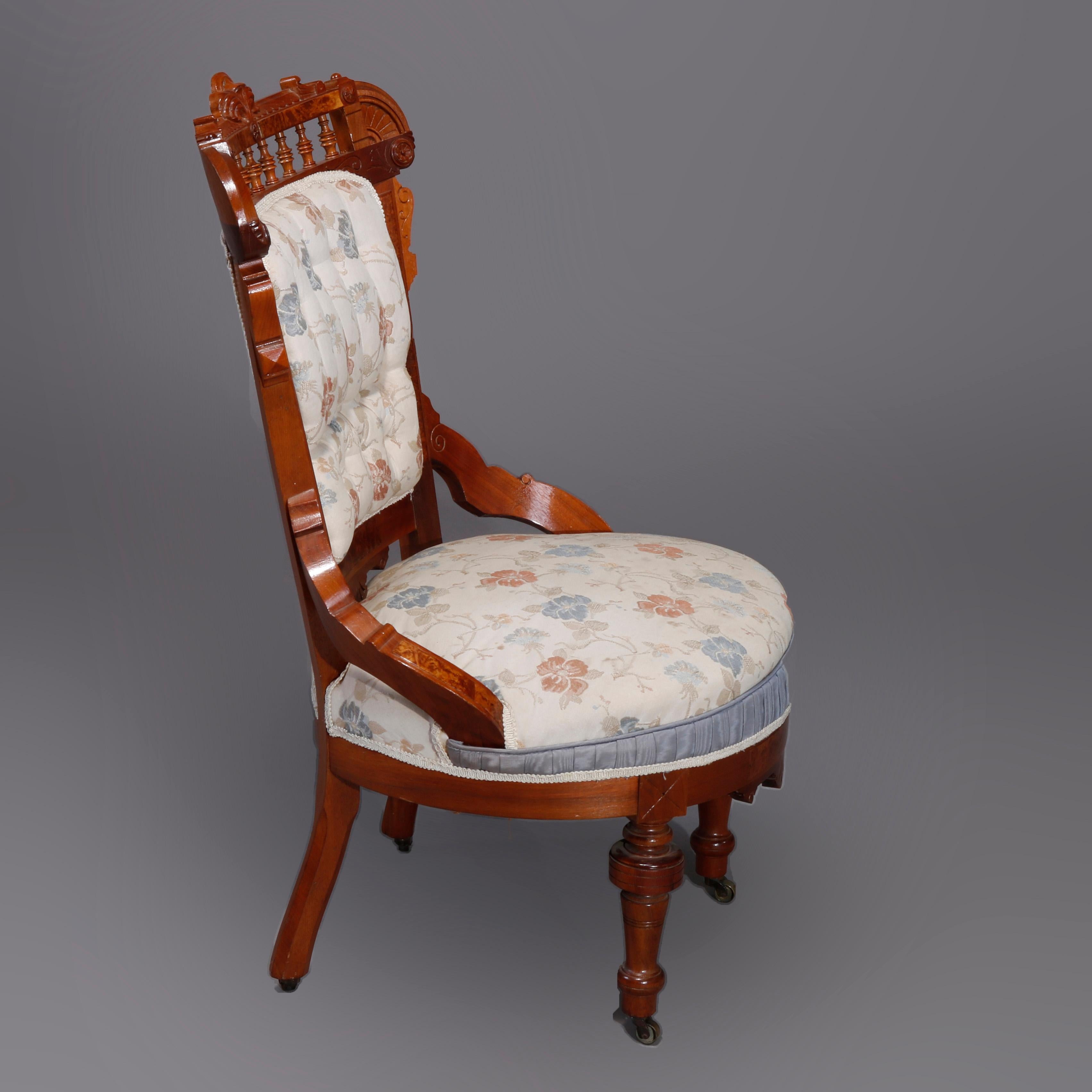 Carved Six Antique Eastlake Spindled Walnut & Burl Upholstered Parlor Chairs, C1890 For Sale