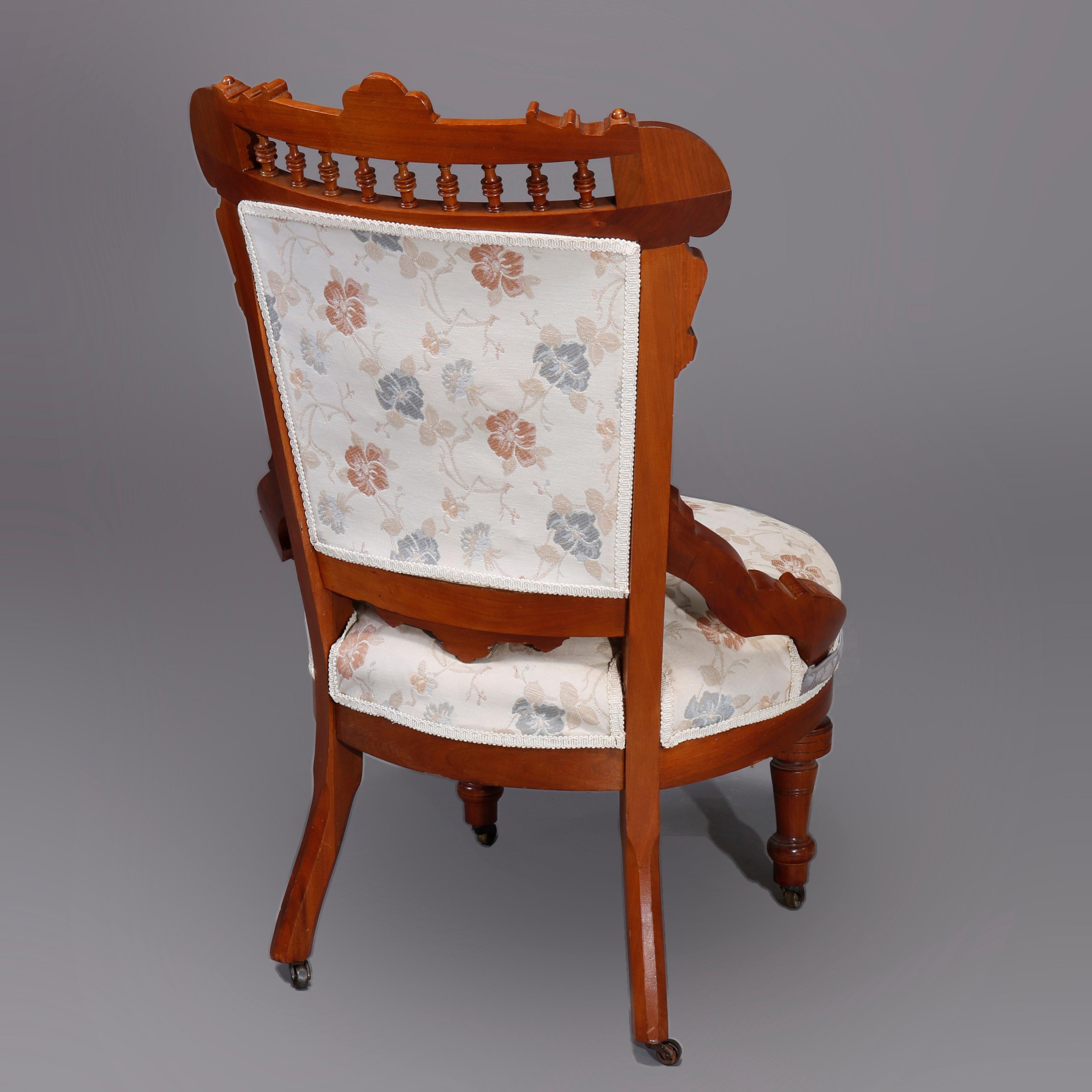 19th Century Six Antique Eastlake Spindled Walnut & Burl Upholstered Parlor Chairs, C1890 For Sale
