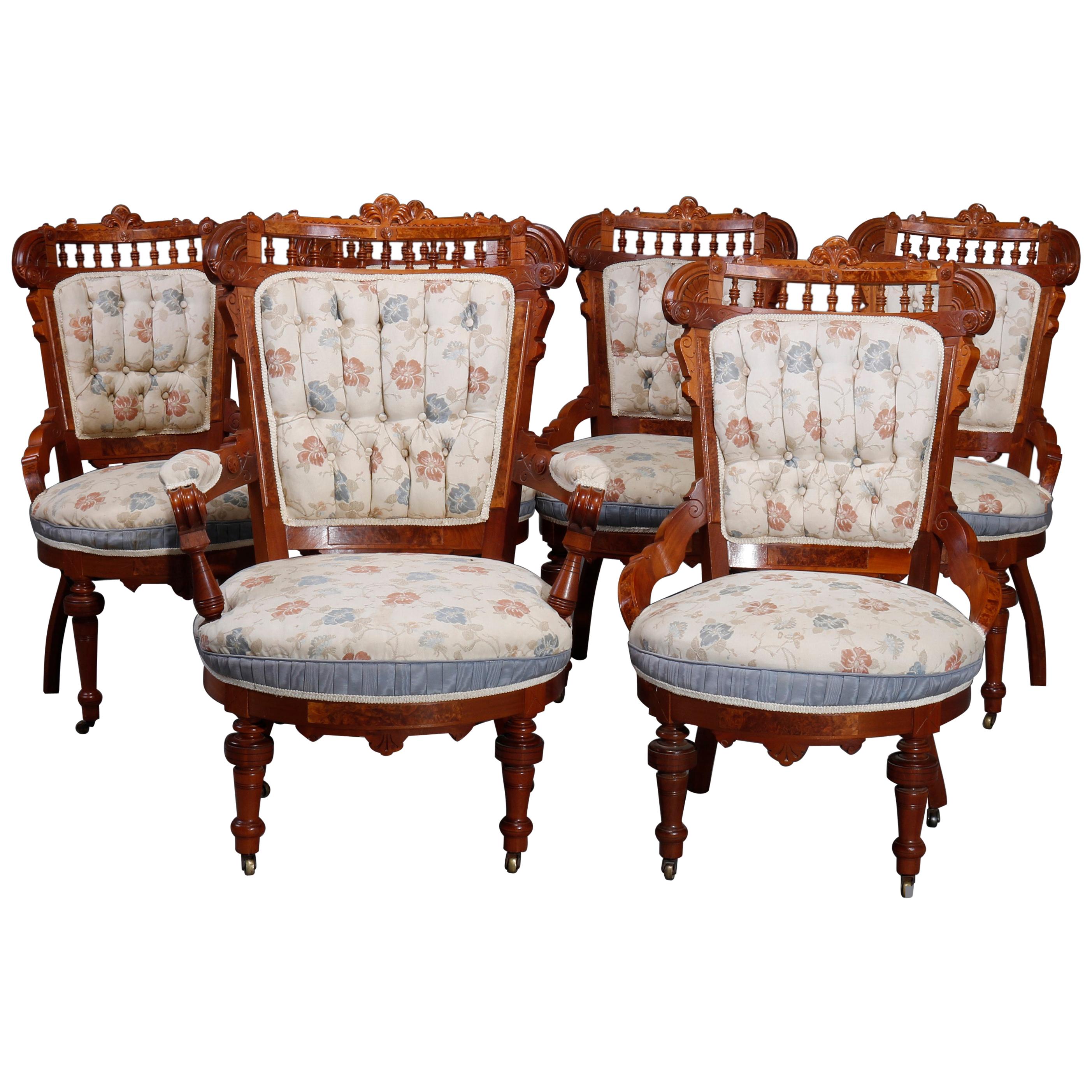 Six chaises de salon anciennes Eastlake en noyer torsadé et broussin rembourrées, vers 1890