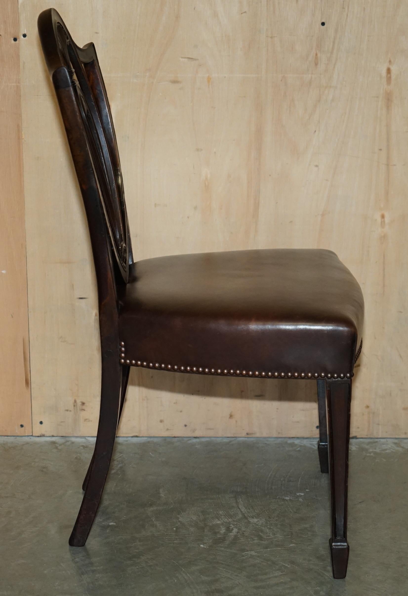 SIX ANTIQUE EDWARD & ROBERTS GEORGE HEPPLEWHITE BROWN LEATHER DINING CHAIRs 2
