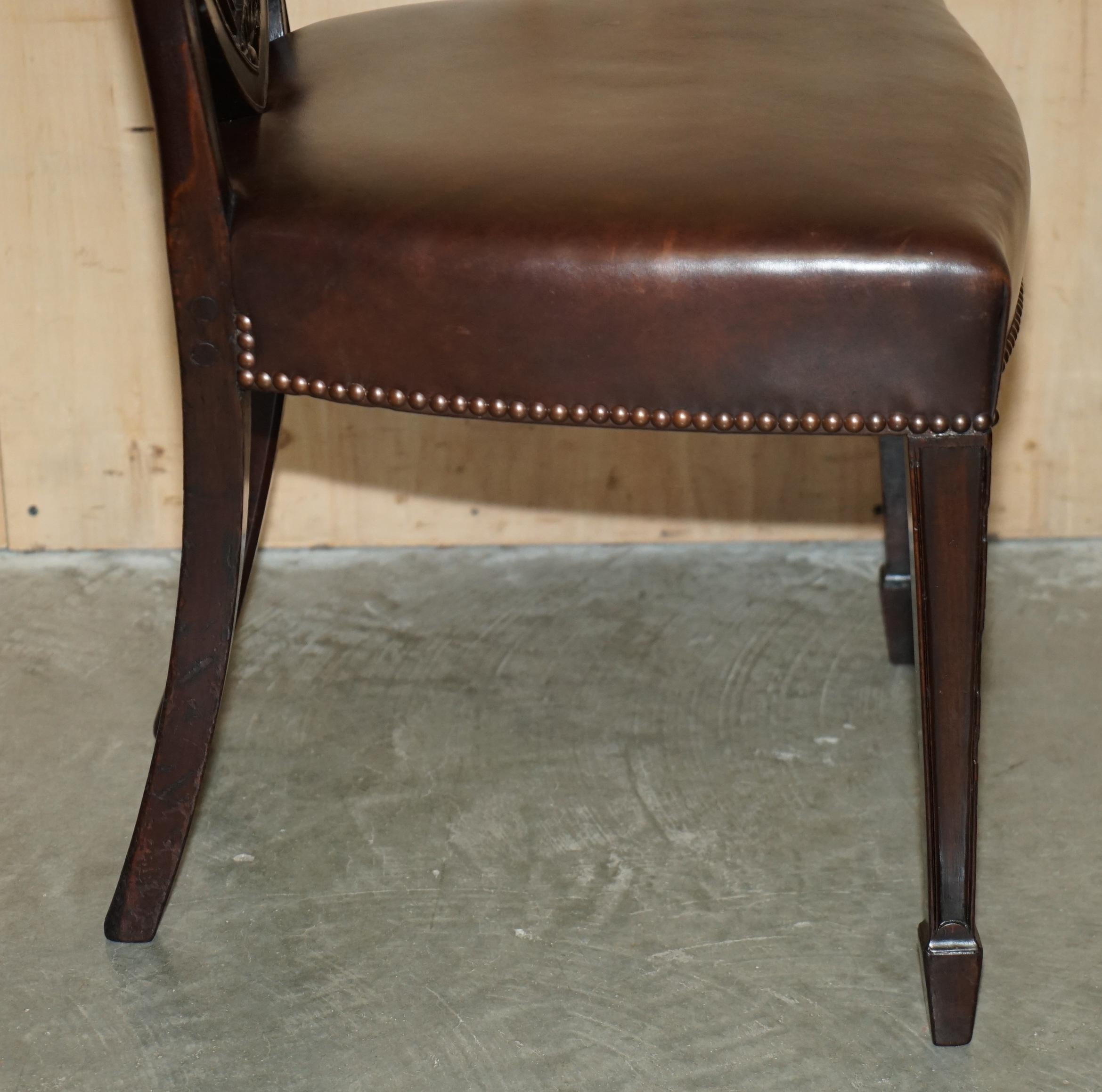 SIX ANTIQUE EDWARD & ROBERTS GEORGE HEPPLEWHITE BROWN LEATHER DINING CHAIRs 3