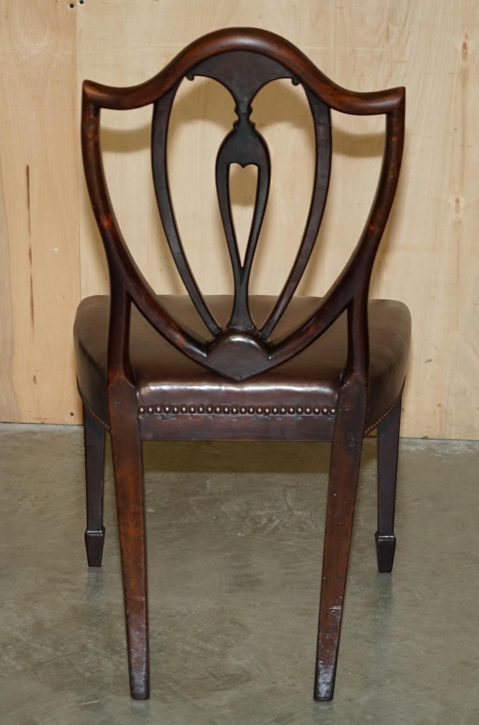 SIX ANTIQUE EDWARD & ROBERTS GEORGE HEPPLEWHITE BROWN LEATHER DINING CHAIRs 5