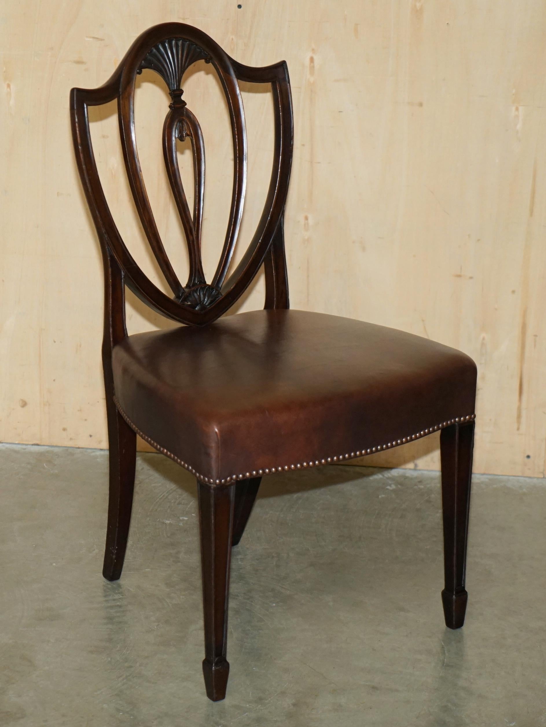 SIX ANTIQUE EDWARD & ROBERTS GEORGE HEPPLEWHITE BROWN LEATHER DINING CHAIRs 8