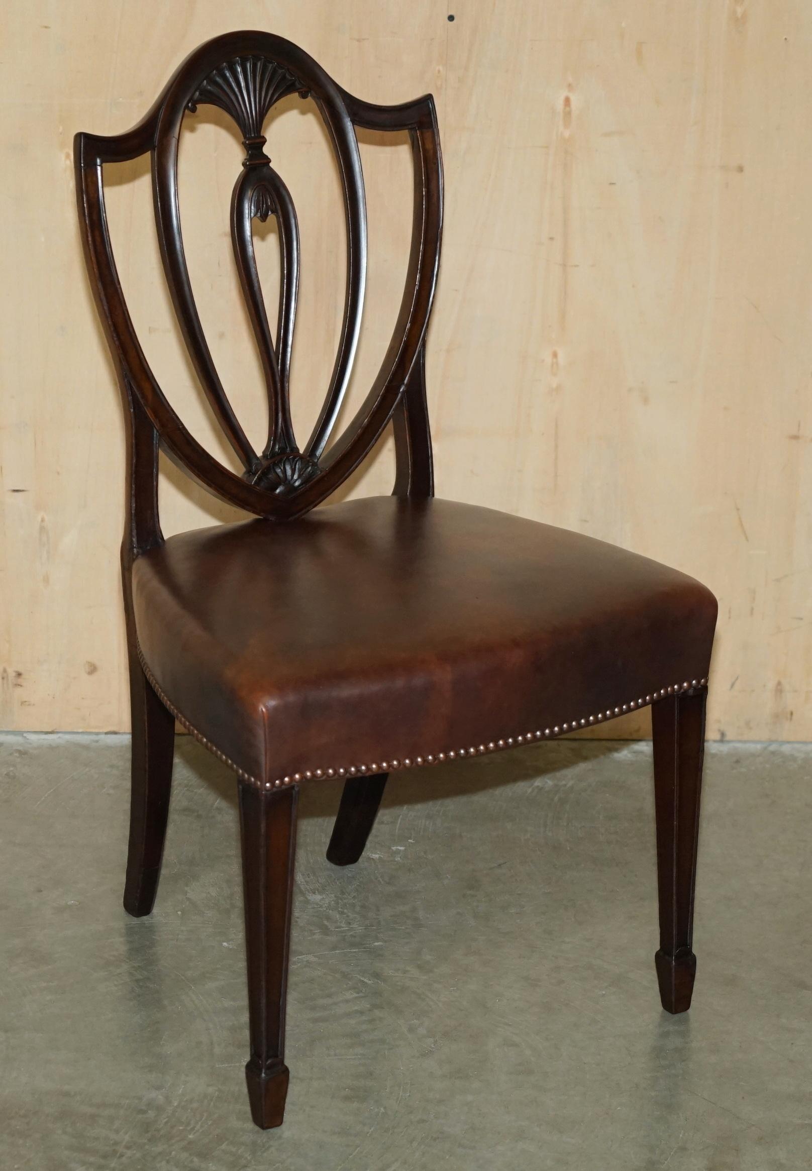 SIX ANTIQUE EDWARD & ROBERTS GEORGE HEPPLEWHITE BROWN LEATHER DINING CHAIRs 10