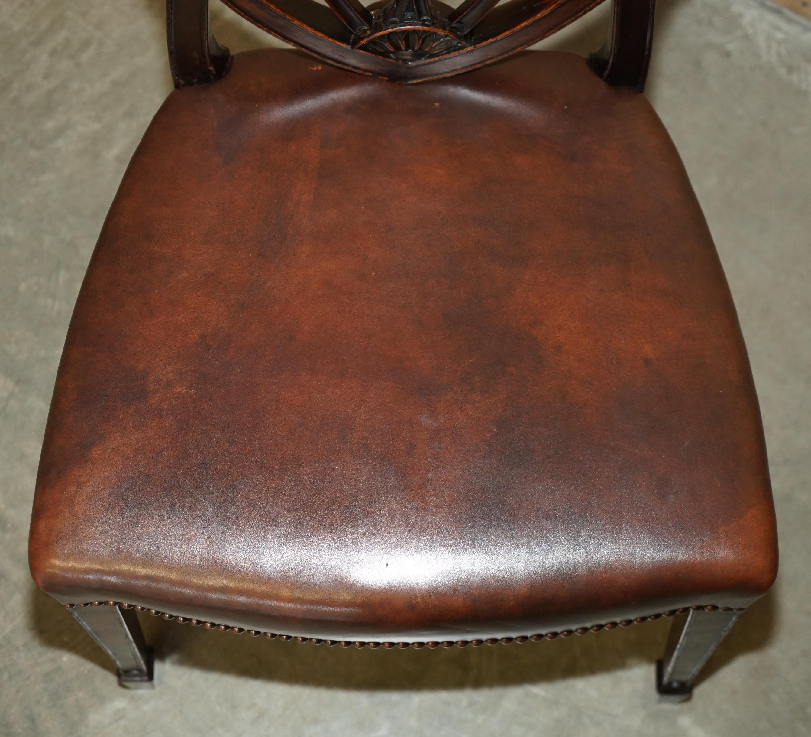 SIX ANTIQUE EDWARD & ROBERTS GEORGE HEPPLEWHITE BROWN LEATHER DINING CHAIRs 11