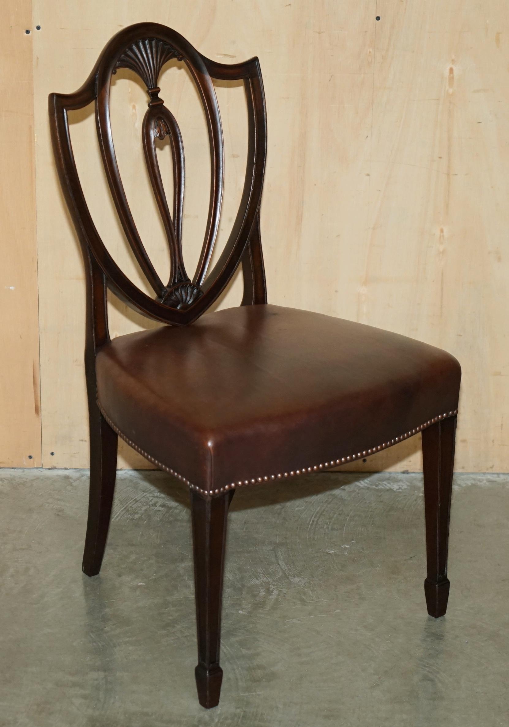 SIX ANTIQUE EDWARD & ROBERTS GEORGE HEPPLEWHITE BROWN LEATHER DINING CHAIRs 12