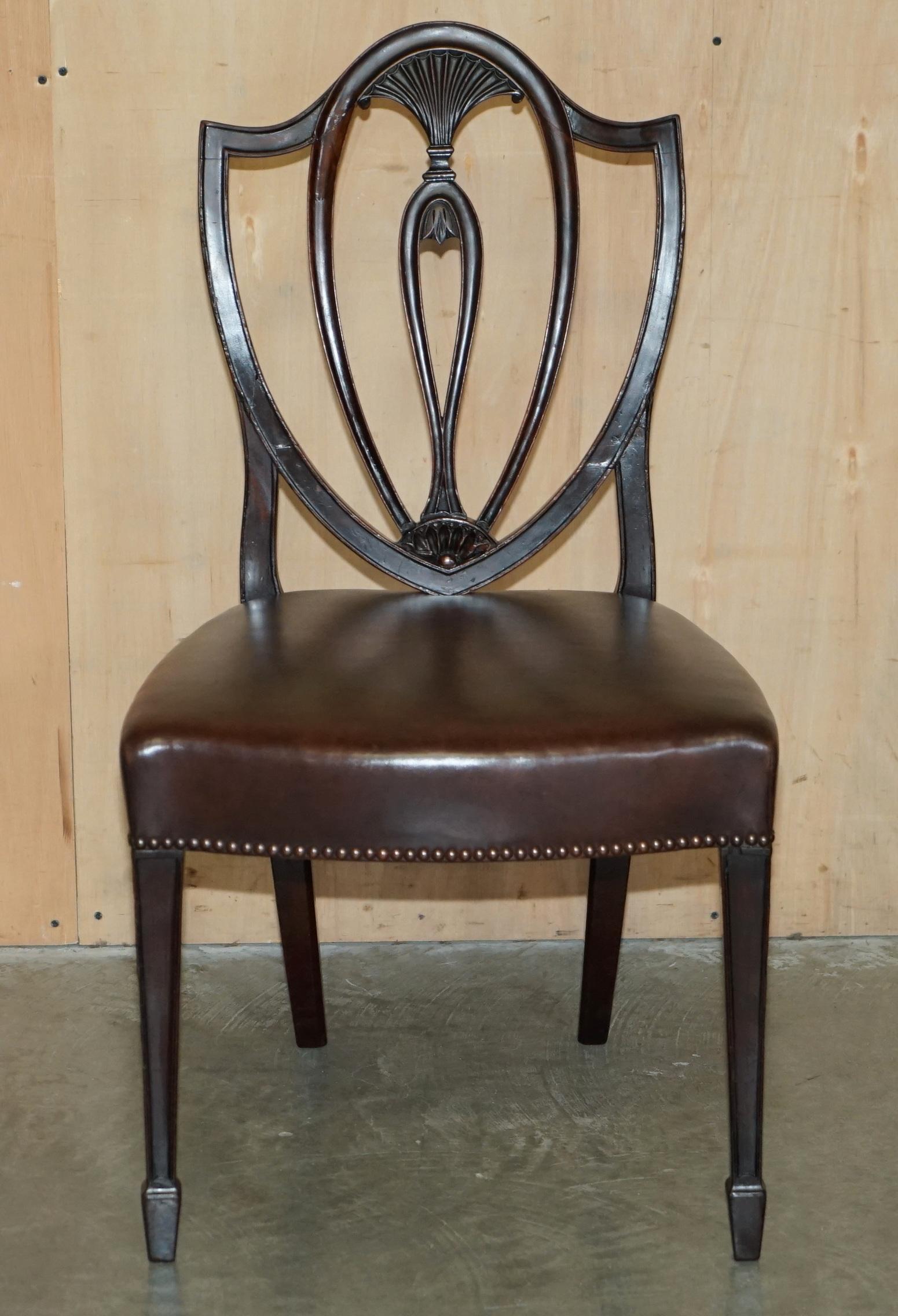 English SIX ANTIQUE EDWARD & ROBERTS GEORGE HEPPLEWHITE BROWN LEATHER DINING CHAIRs